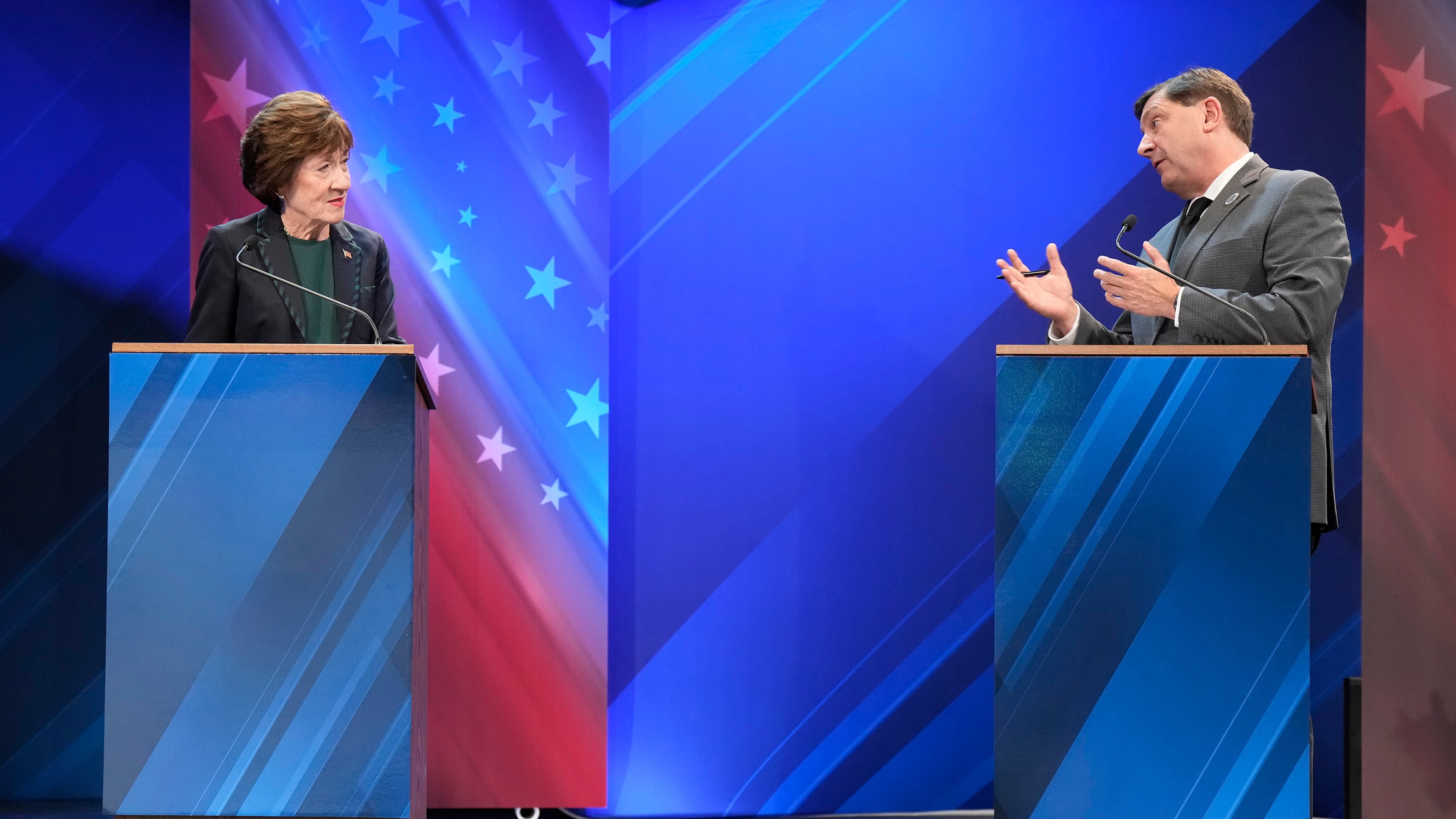 Troy Jackson (D) directs a question to Sen. Susan Collins (R) during the final Maine U.S. Senate debate in Bangor, Maine, Thursday, Oct. 15, 2026. (Gregory A. Rec/Portland Press Herald via AP, Pool)