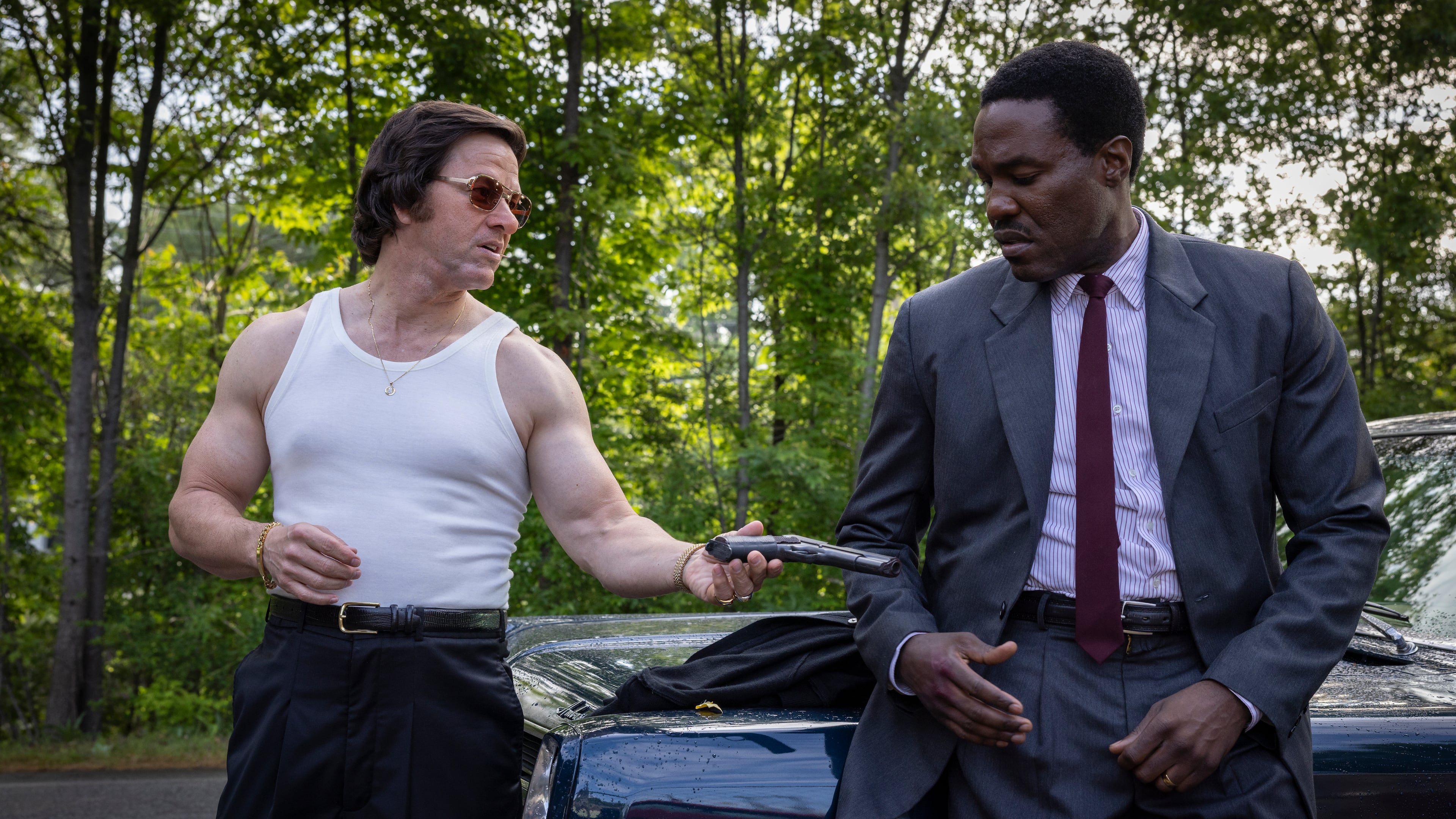 Mark Wahlberg and Yahya Abdul-Mateen II in the 1966 period-piece thriller "By Any Means," shot in metro Atlanta. This particular scene was shot not far from Emory University. (Courtesy of Paramount Pictures)