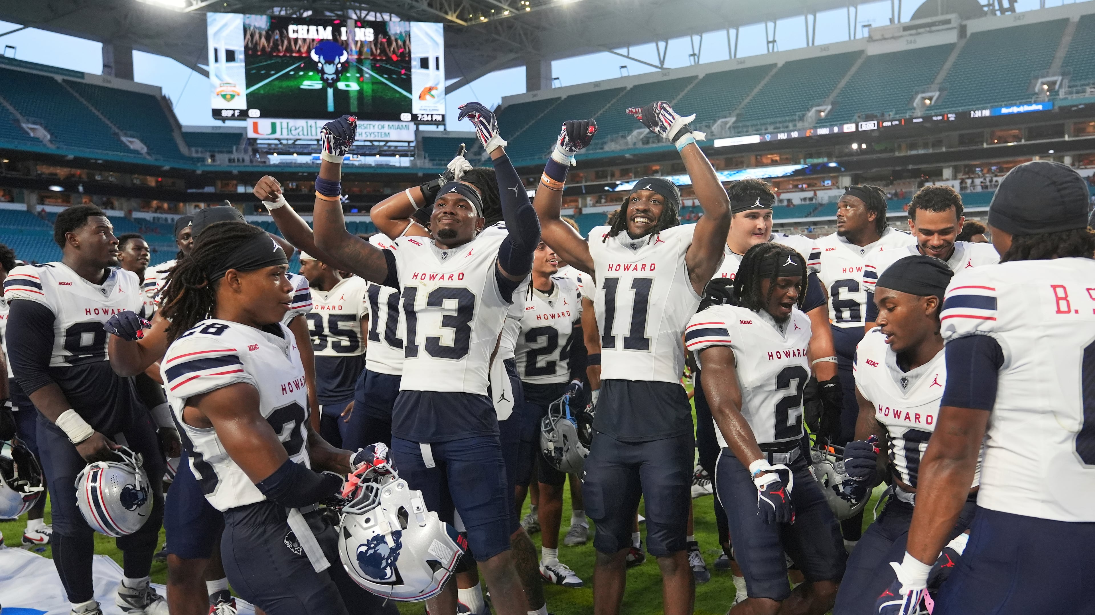 Howard players celebrate after defeating Florida A&M in the Orange Blossom Classic NCAA college football game, Aug. 30, 2025, in Miami Gardens, Fla. (Lynne Sladky/AP File)