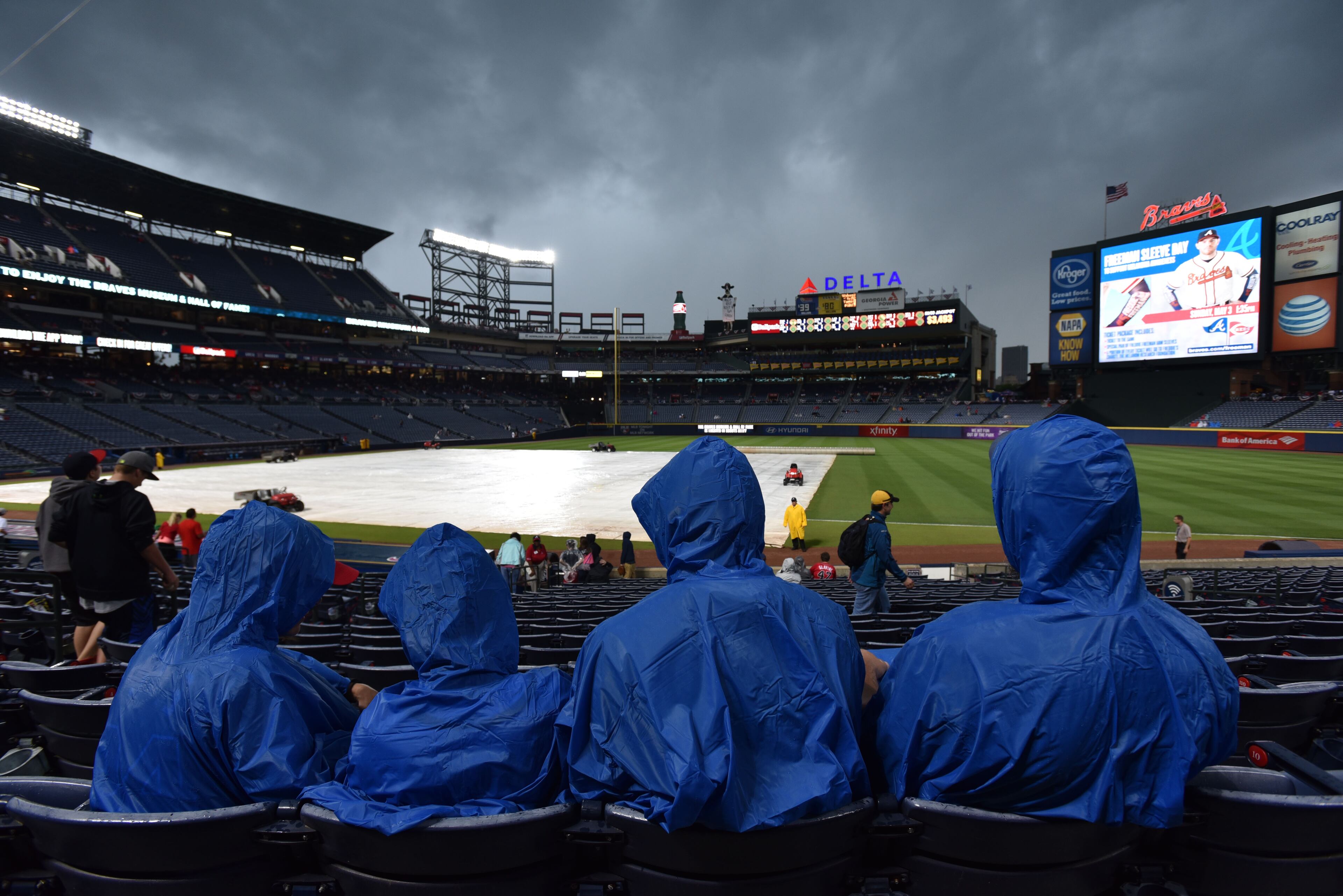 Rain clouds roll in before the Atlanta Braves season opener against the New York Mets at Turner Field in Atlanta on Friday, April 10, 2015. HYOSUB SHIN / HSHIN@AJC.COM