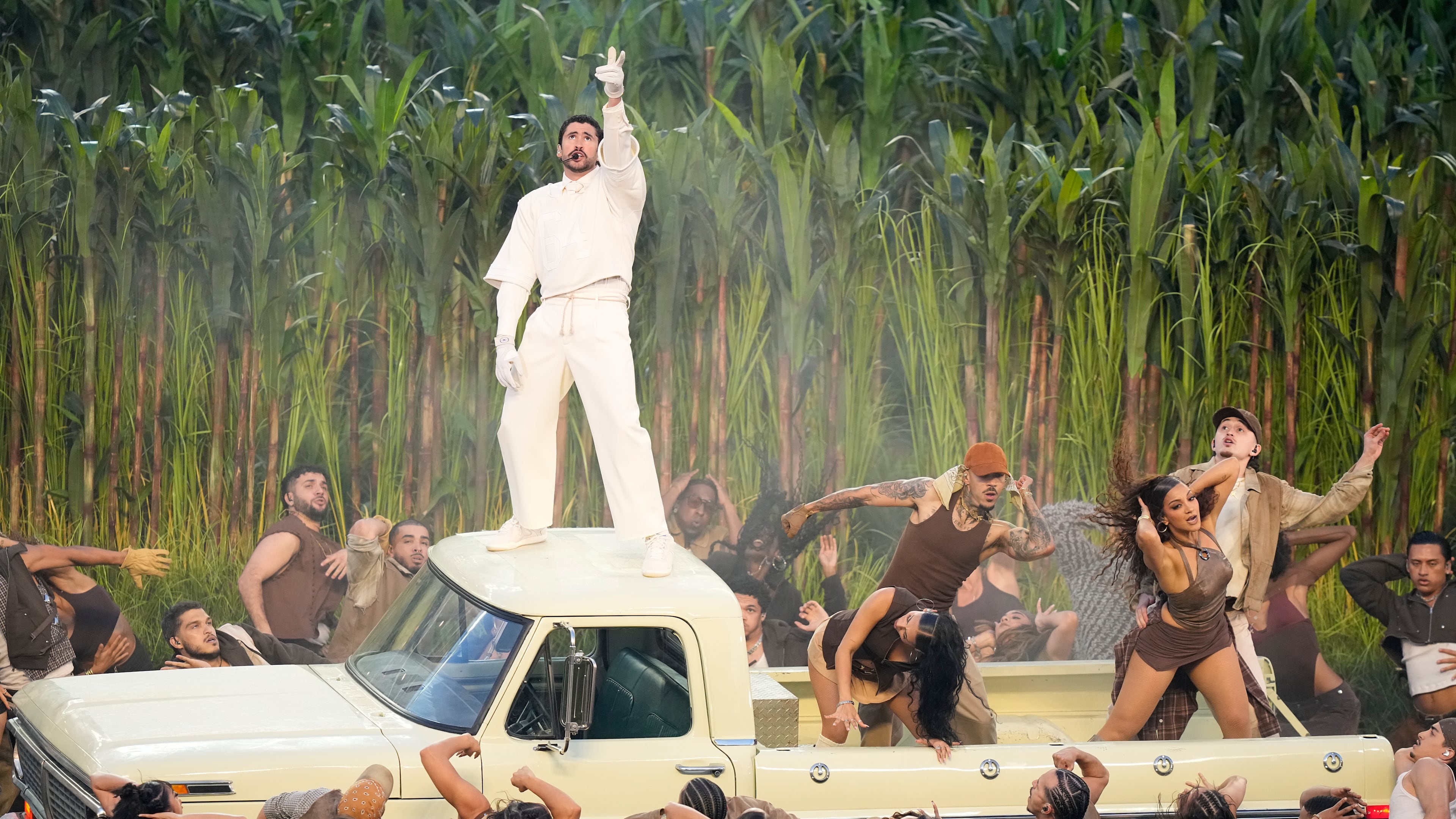 Bad Bunny performs during halftime of the NFL Super Bowl 60 football game between the Seattle Seahawks and the New England Patriots, Sunday, Feb. 8, 2026, in Santa Clara, Calif. (AP Photo/Frank Franklin II)