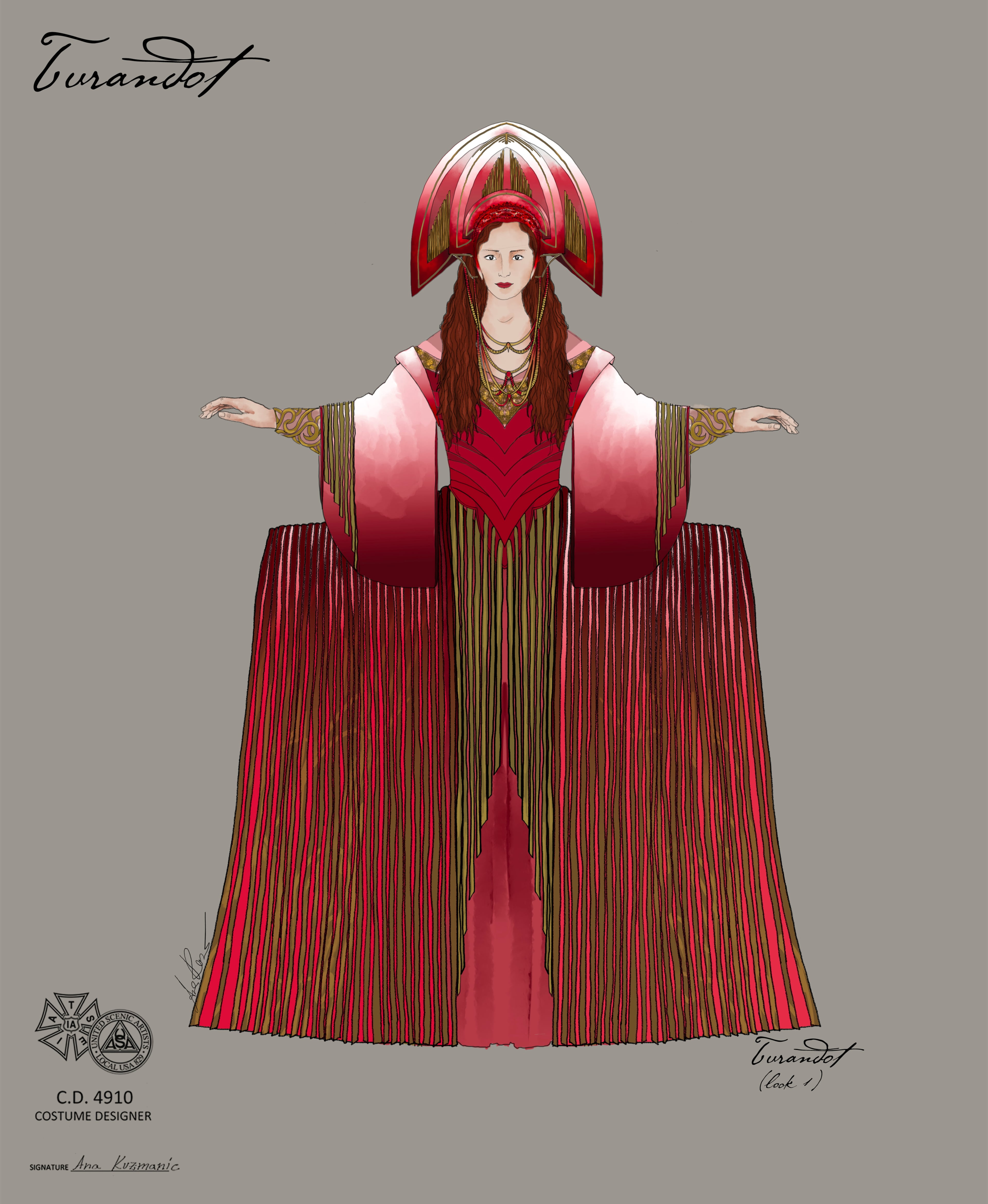 Turandot’s costume for the Atlanta Opera’s upcoming performances is shown in this rendering. A motif of “power to freedom” will be reflected in the set design and costuming. (Courtesy of costume designer Ana Kuzmanić)