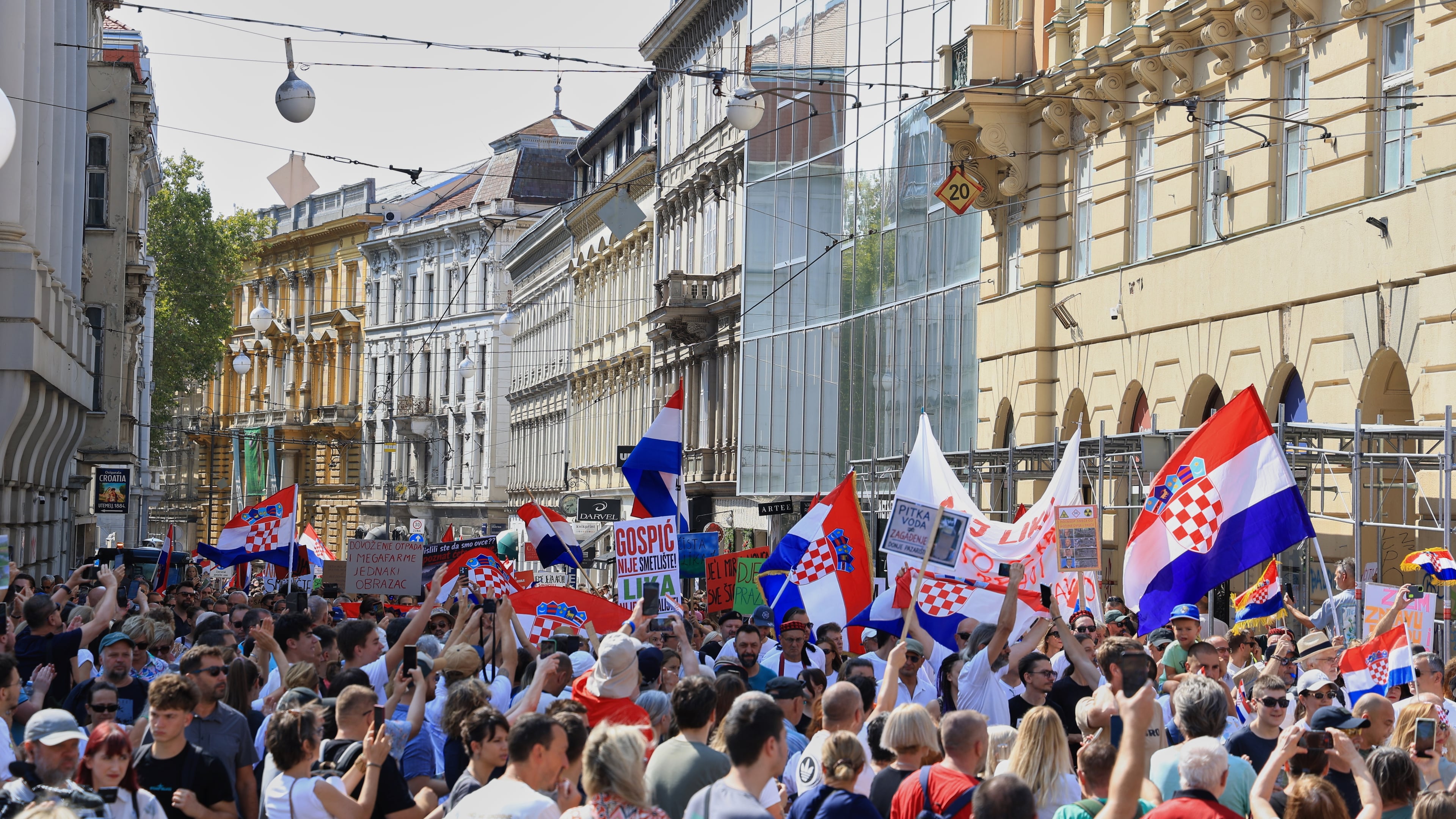 Thousands of people rally in protest over the discovery of illegally imported and disposed waste, including hazardous and toxic materials, in downtown Zagreb, Croatia, Saturday, Sept. 5, 2026. (AP Photo)