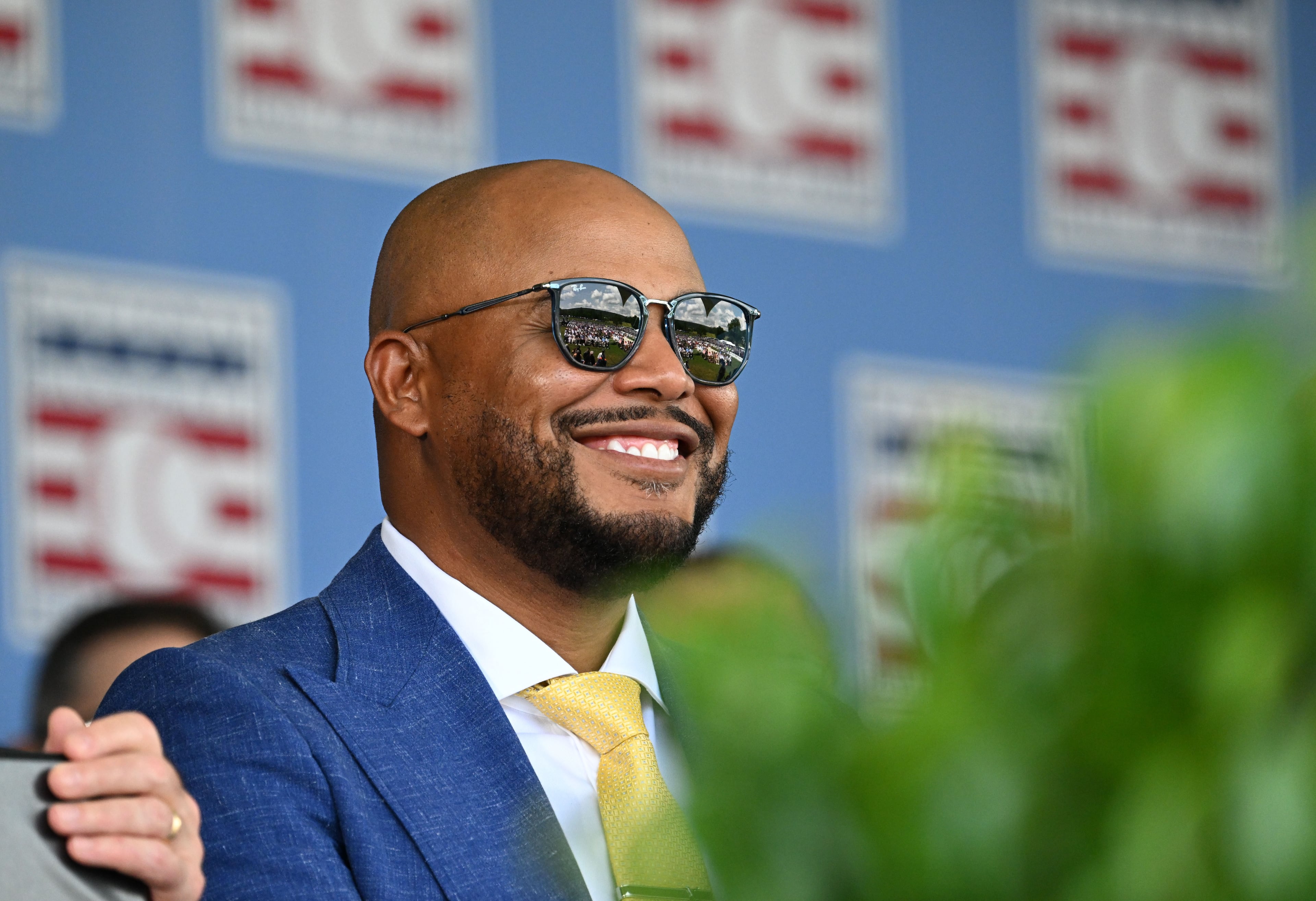 Andruw Jones reacts as he sits with other members of the National Baseball Hall of Fame during the 2026 National Baseball Hall of Fame Induction Ceremony at the Clark Sports Center on Sunday, July 26, 2026, in Cooperstown, N.Y. Braves centerfielder Andruw Jones is set for induction into the National Baseball Hall of Fame as part of the Class of 2026, alongside Carlos Beltrán and Jeff Kent. (Hyosub Shin/AJC)