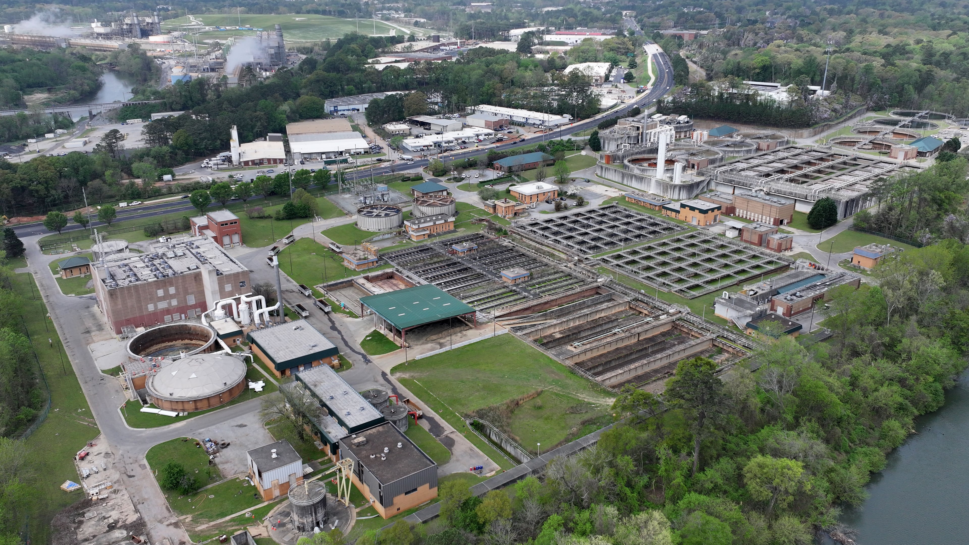 An aerial photo shows the R.L. Sutton Water Reclamation Facility, where Cobb County is preparing to restart two incinerators for sewage sludge in Smyrna. (Hyosub Shin/AJC)