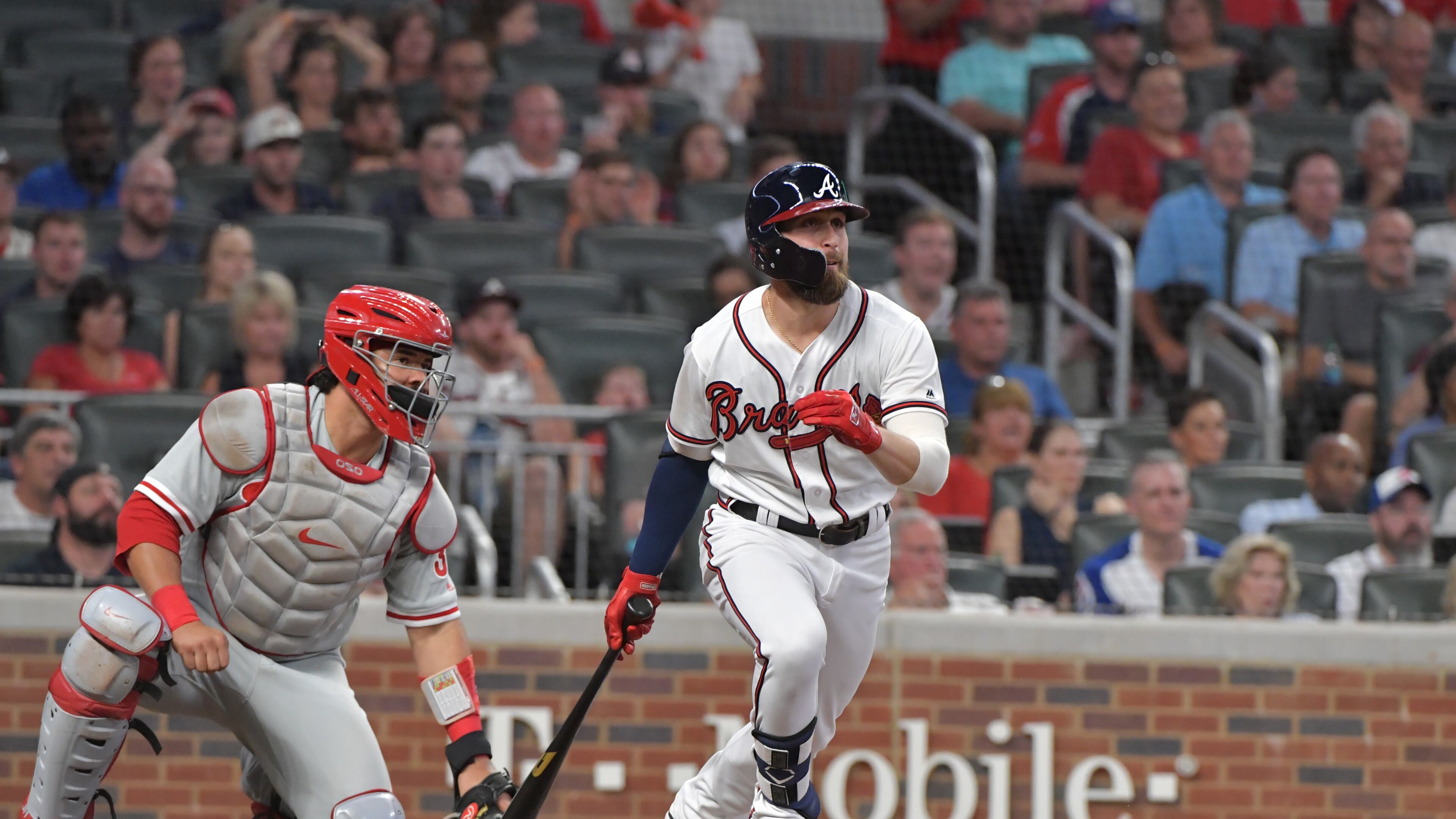 September 21, 2018 Atlanta - Atlanta Braves center fielder Ender Inciarte (11) hits a RBI double during the 7th inning in a MLB baseball game at SunTrust Park on Friday, September 21, 2018. Atlanta Braves won 6-5 over the Philadelphia Phillies. HYOSUB SHIN / HSHIN@AJC.COM