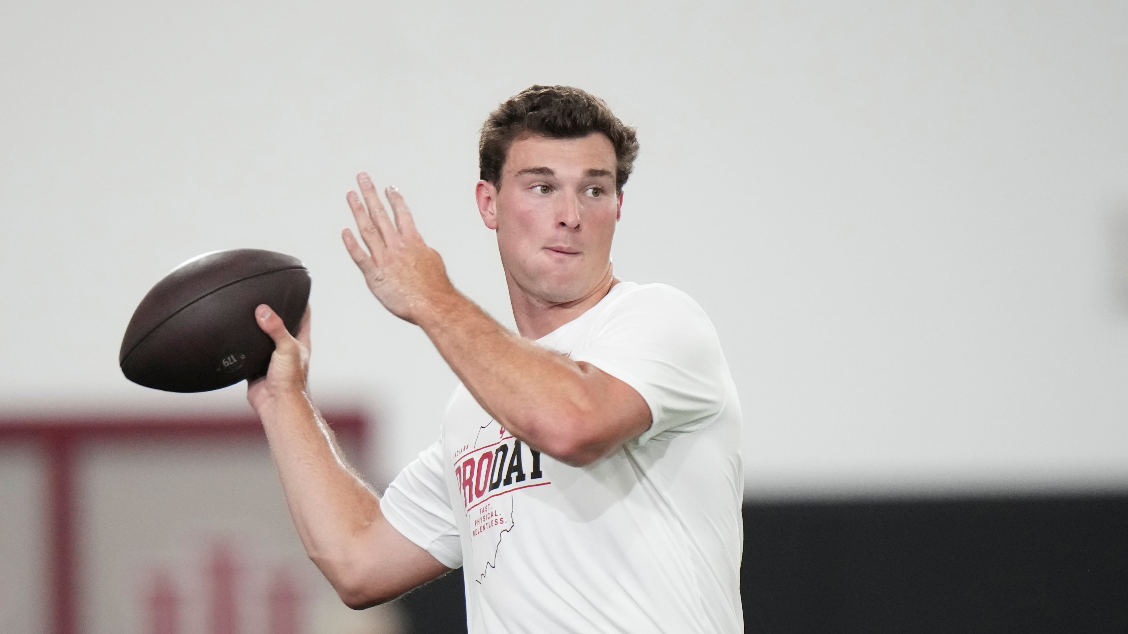 Indiana quarterback Fernando Mendoza looks to throw a pass during the school's NFL football pro day Wednesday, April 1, 2026, in Bloomington, Ind. (AP Photo/AJ Mast)