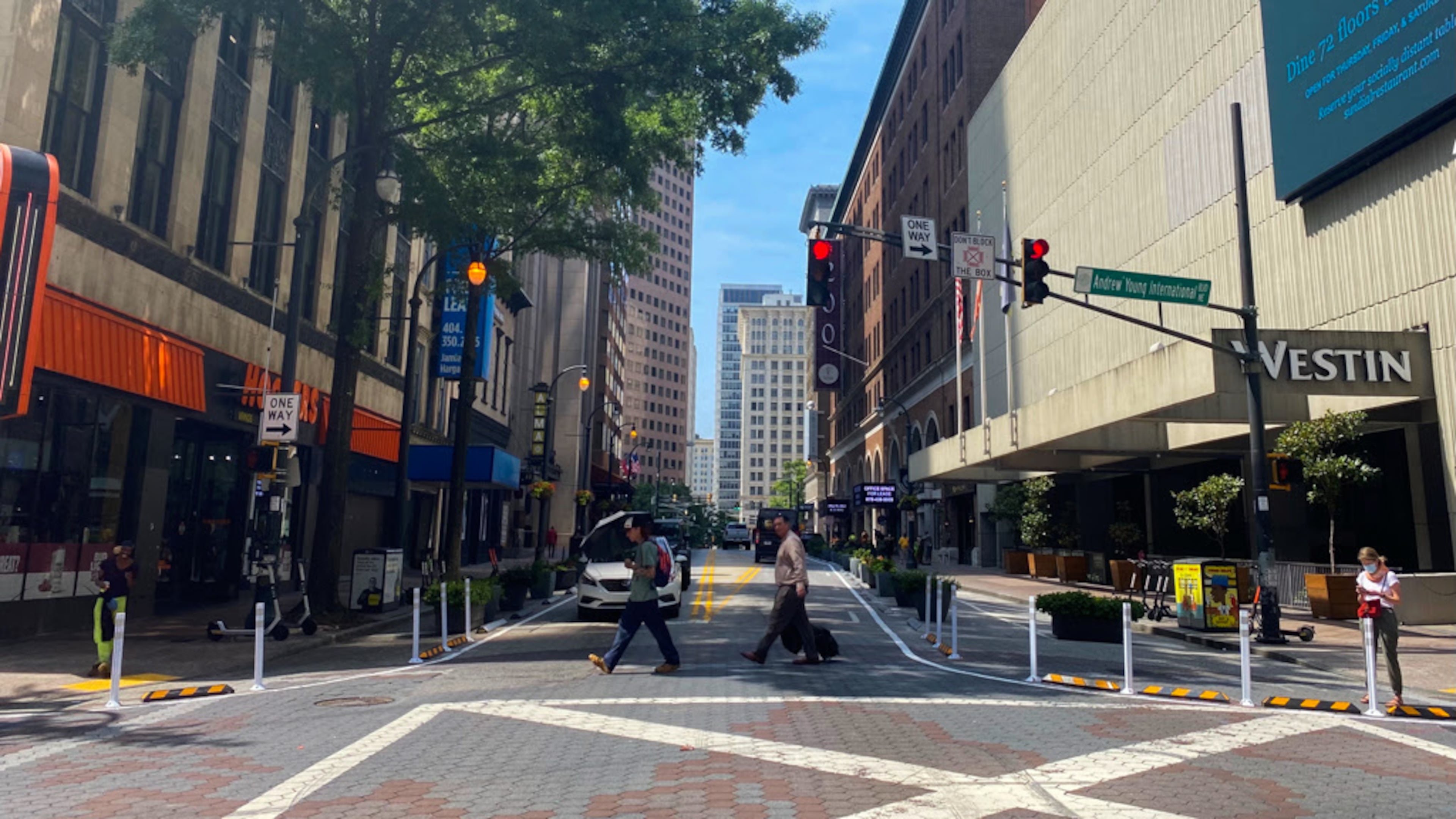 Starting this week, the City of Atlanta is changing three blocks of Peachtree Street in Downtown--between Baker and Ellis Streets--to make more space for people. As part of this demonstration project, vehicular travel on Peachtree will be reduced from four travel lanes to two to create a safer, more inviting space for pedestrians and bicyclists.
