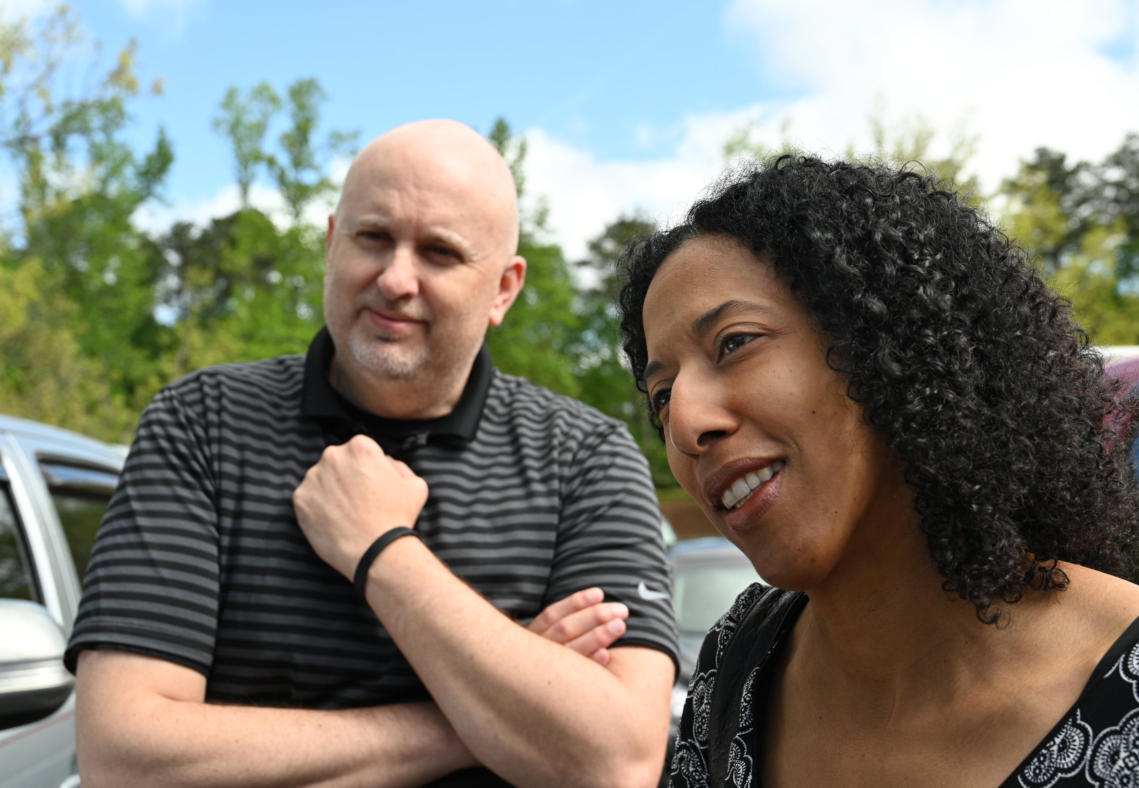 Norka Stover talks about pastor Charles Stanley outside First Baptist Atlanta where he led for more than 50 years, Saturday, April 22, 2023, in Atlanta. (Hyosub Shin / Hyosub.Shin@ajc.com)