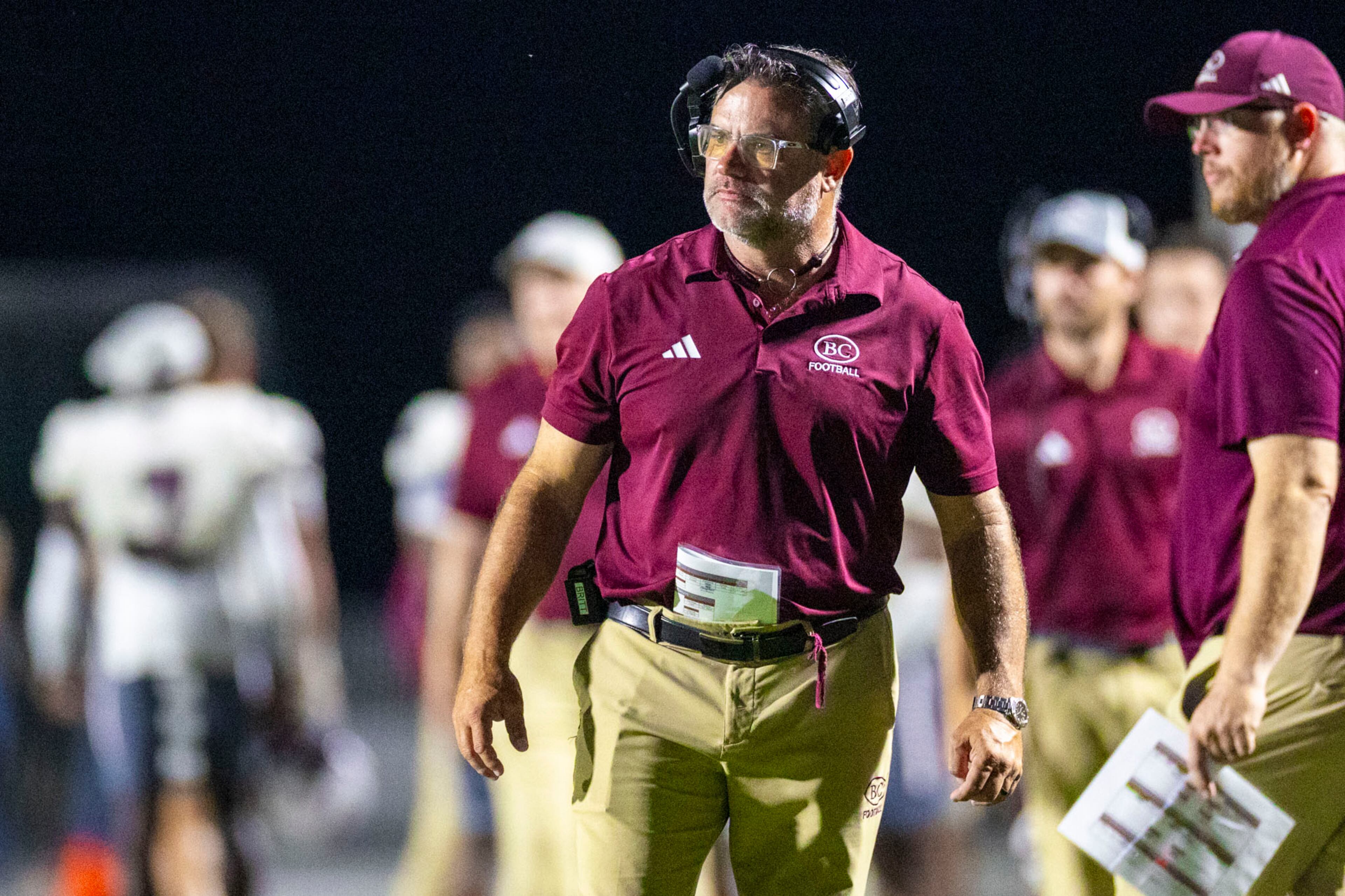 Benedictine head coach Danny Britt looks on dueing a game against Westminster at Fritz Orr Field in Atlanta, GA on Friday, Sept. 19th, 2025. (Oscar Guevara Saenz for the AJC)
