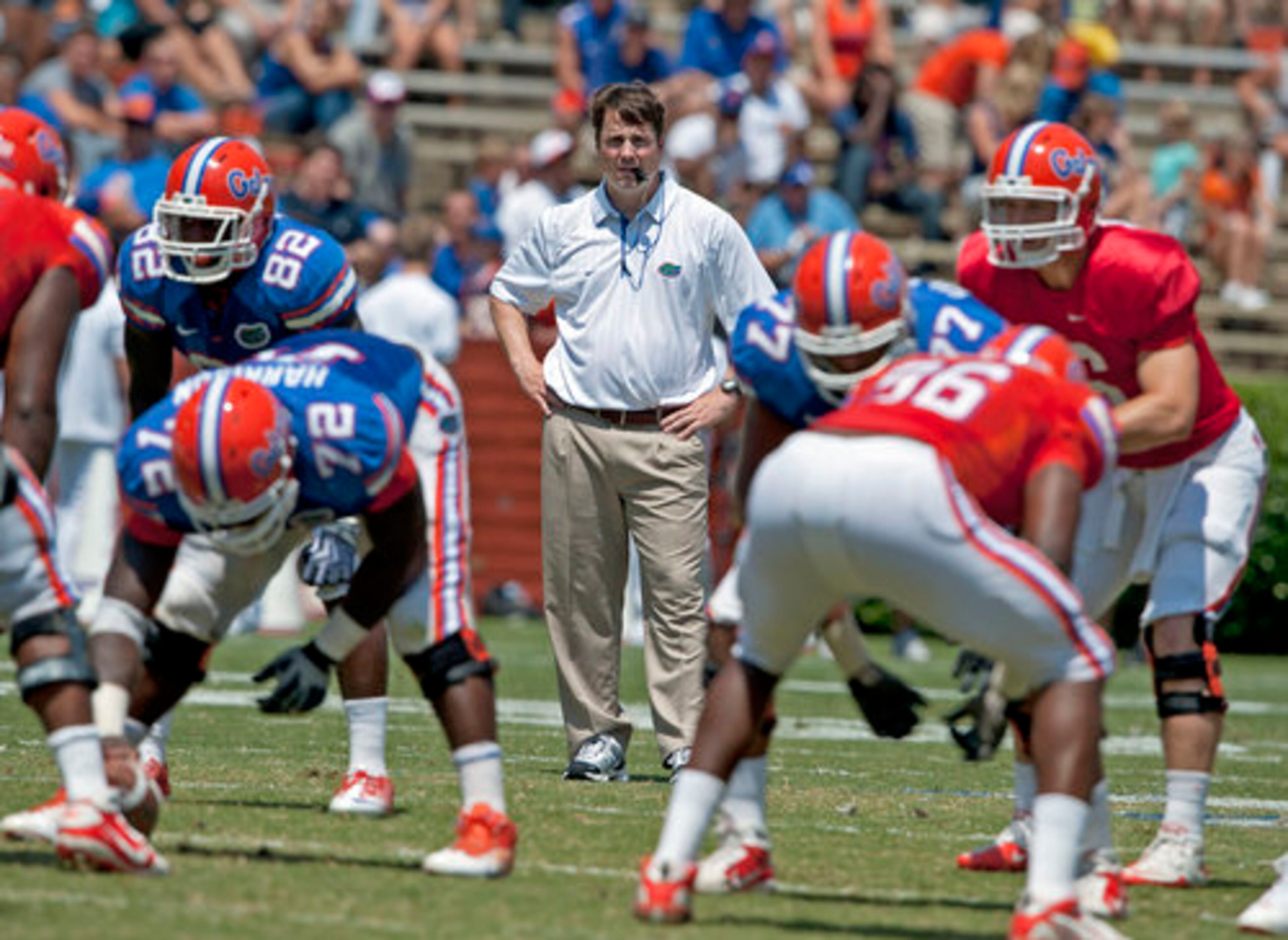Muschamp watched his team scrimmage during the Orange and Blue game April 9. He had warned that it was "not going to be real flashy," and it wasn't, with the Blue squad winning 13-10.