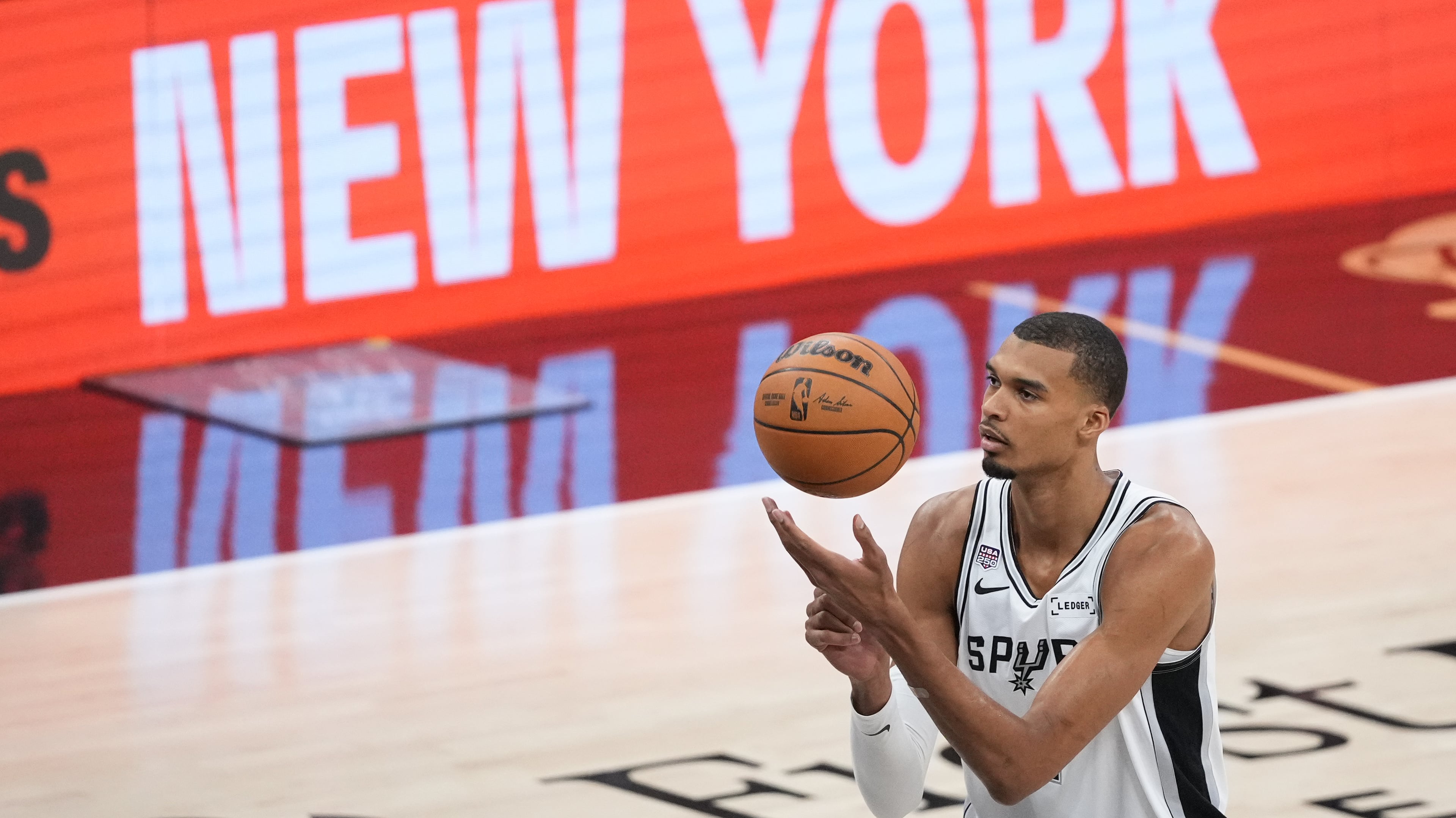 San Antonio Spurs forward Victor Wembanyama shoots a free throw during the first half of Game 2 of the NBA Finals basketball series against the New York Knicks, Friday, June 5, 2026, in San Antonio. (AP Photo/Eric Gay)