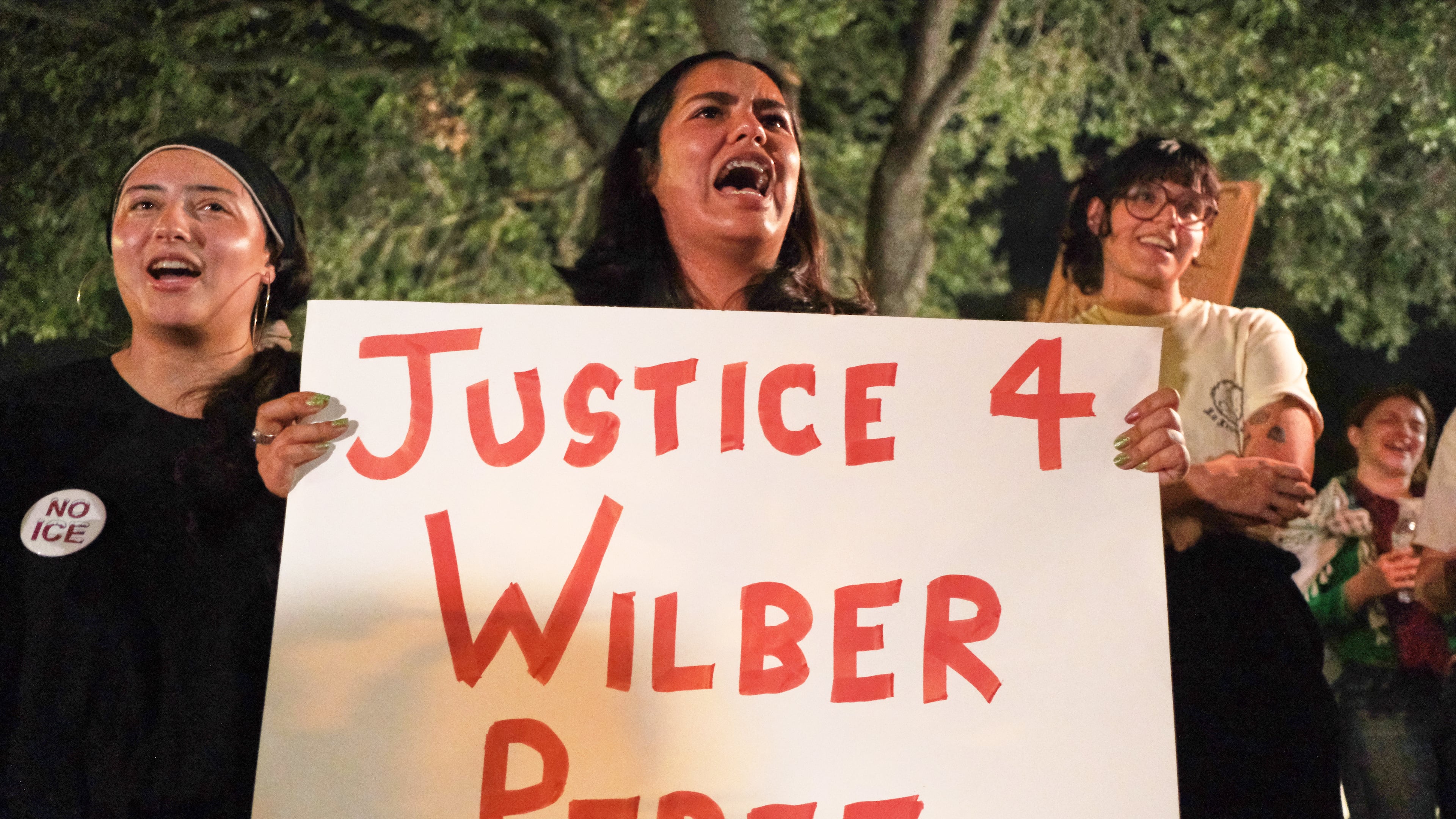 Demonstrators gather in response to the shooting of Wilber Rafael Garces Perez, a Venezuelan man who was shot in his vehicle by an ICE officer the previous day in Austin, Texas, Monday, Sept. 21, 2026. (AP Photo/Joel Angel Juarez)