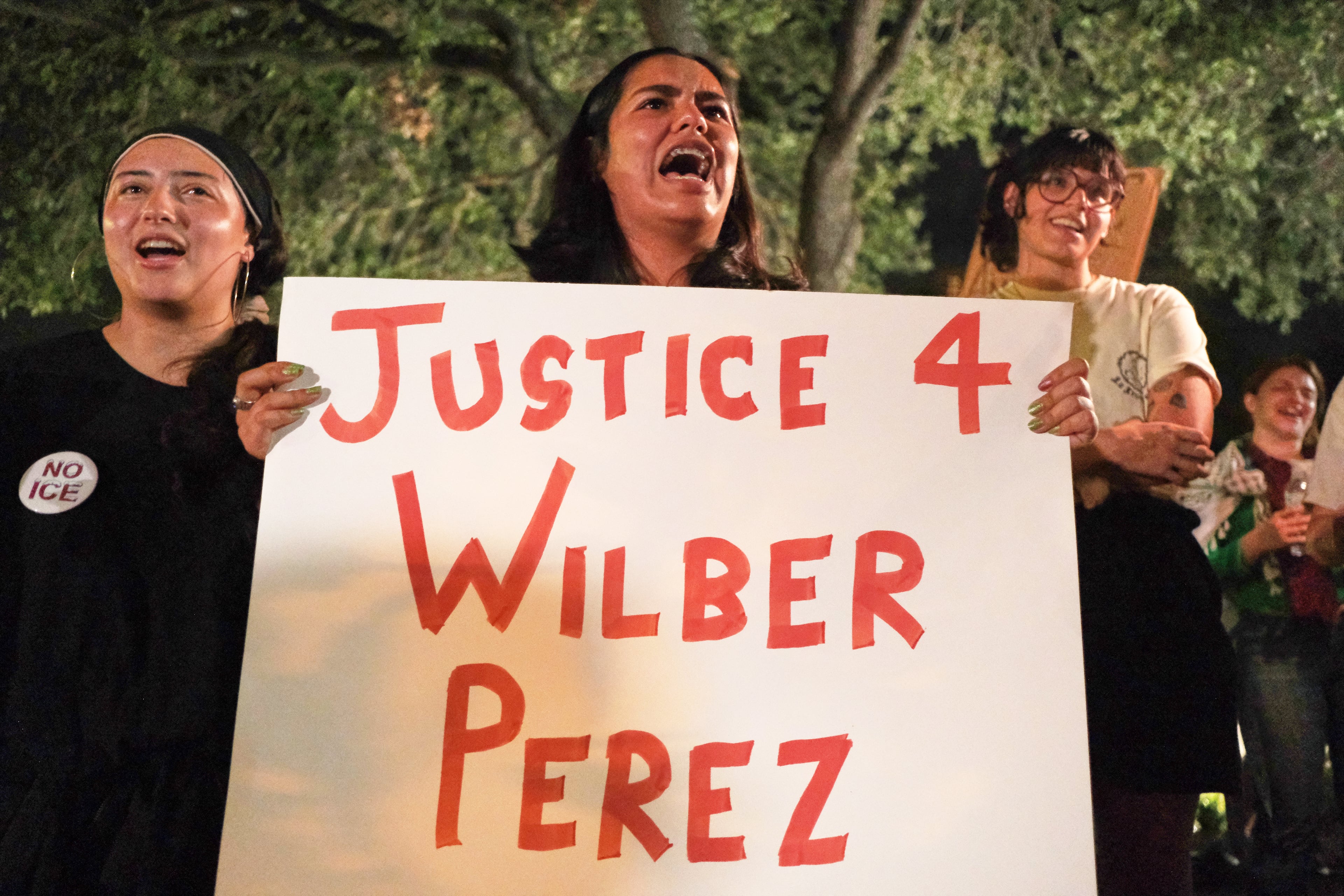 Demonstrators gather Monday, Sept. 21, 2026, in response to the shooting of Wilber Rafael Garces Perez, a Venezuelan man who was shot in his vehicle by an ICE officer the previous day in Austin, Texas. (Joel Angel Juarez/AP)