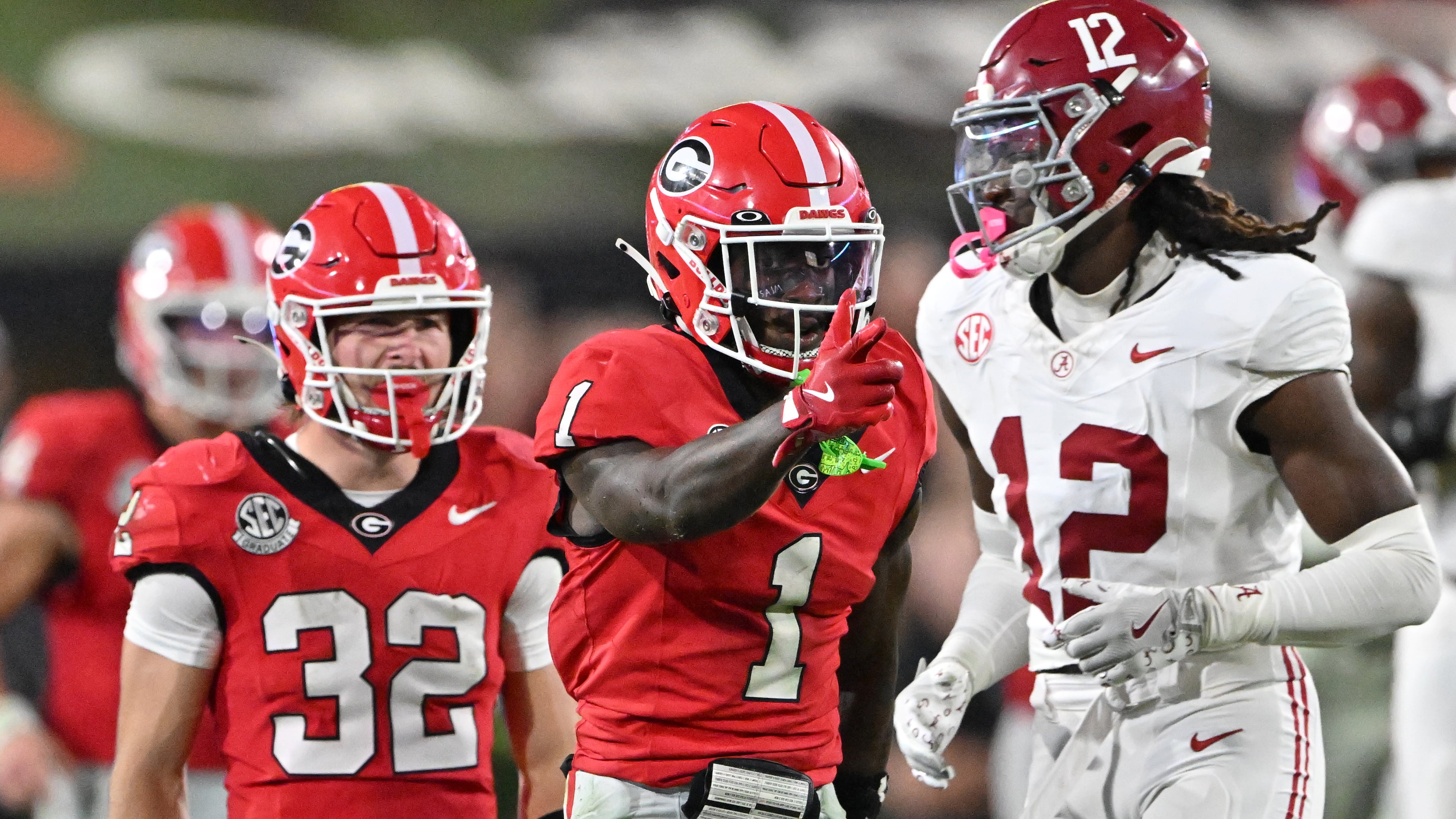 Georgia wide receiver Zachariah Branch (center) reacts after a catch during the second half in an NCAA football game at Sanford Stadium, Saturday, Sept. 27, 2025, in Athens. Alabama won 24-21 over Georgia. (Hyosub Shin/AJC)