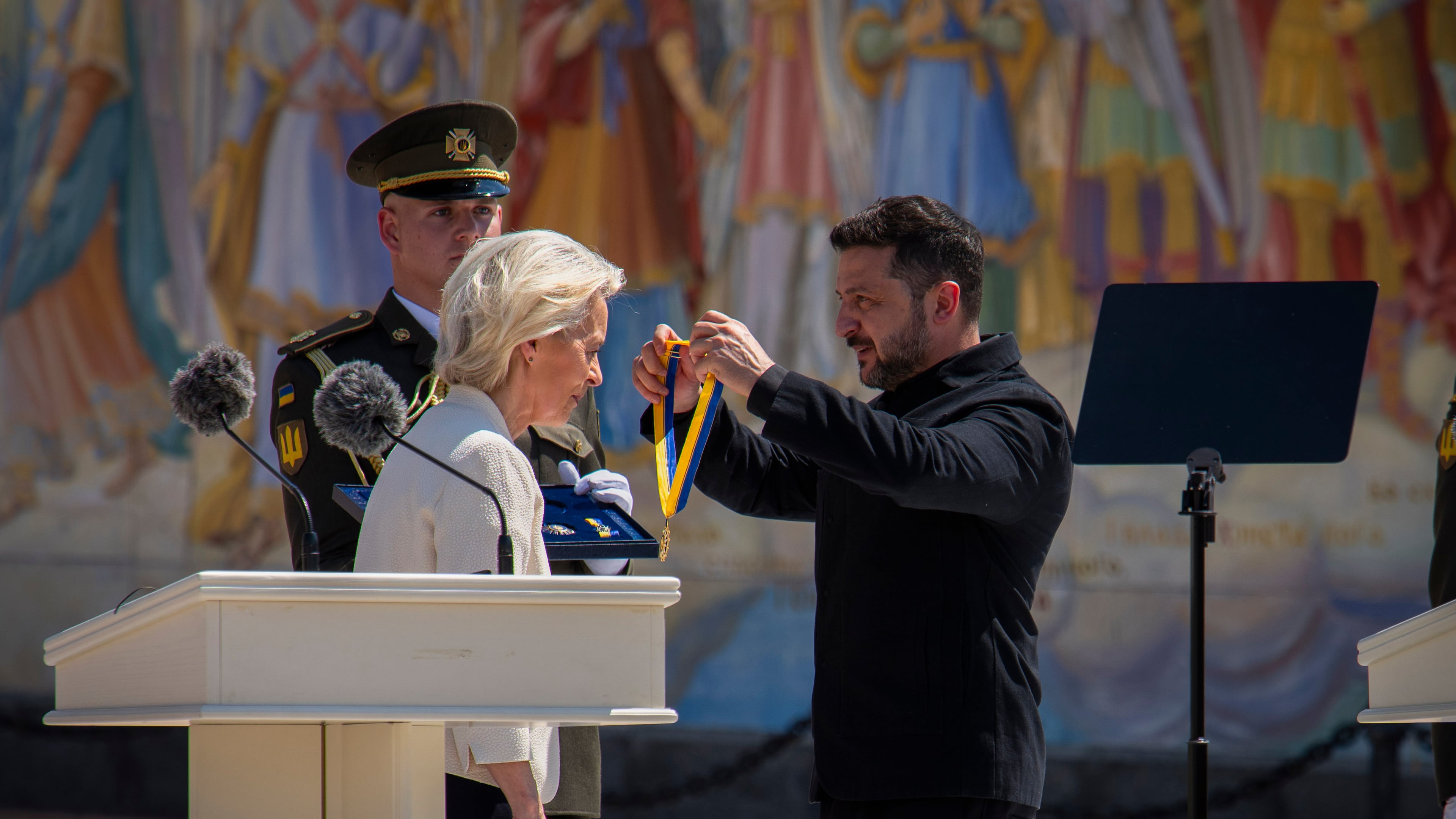 Ukrainian President Volodymyr Zelenskyy, right, awards European Commission President Ursula von der Leyen in Kyiv, Ukraine, Wednesday, July 15, 2026. (AP Photo/Dan Bashakov)