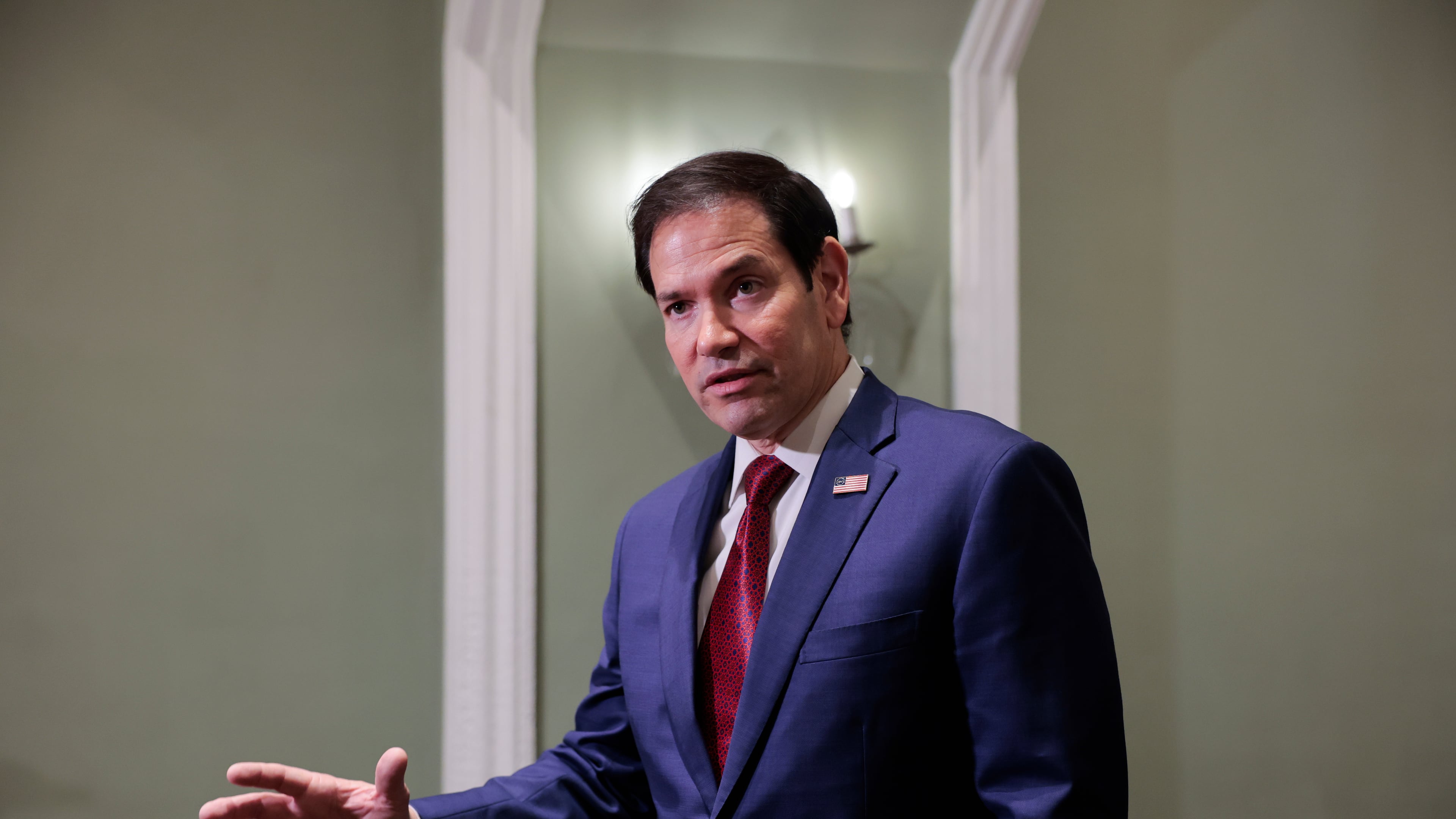 U.S. Secretary of State Marco Rubio speaks with members of the media at the Taj Mahal Palace hotel in Mumbai, India, Wednesday, Oct. 21, 2026. (Kylie Cooper/Pool Photo via AP)