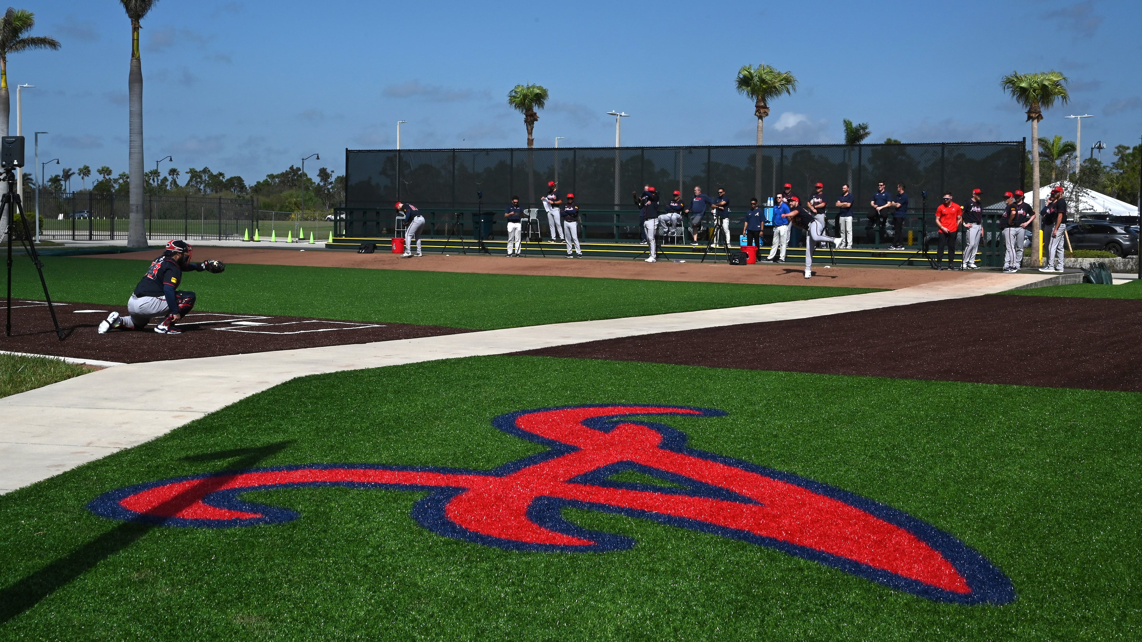 Pitchers get in some work during Thursday's spring training activities at CoolToday Park in North Port, Fla. (Hyosub Shin / AJC)