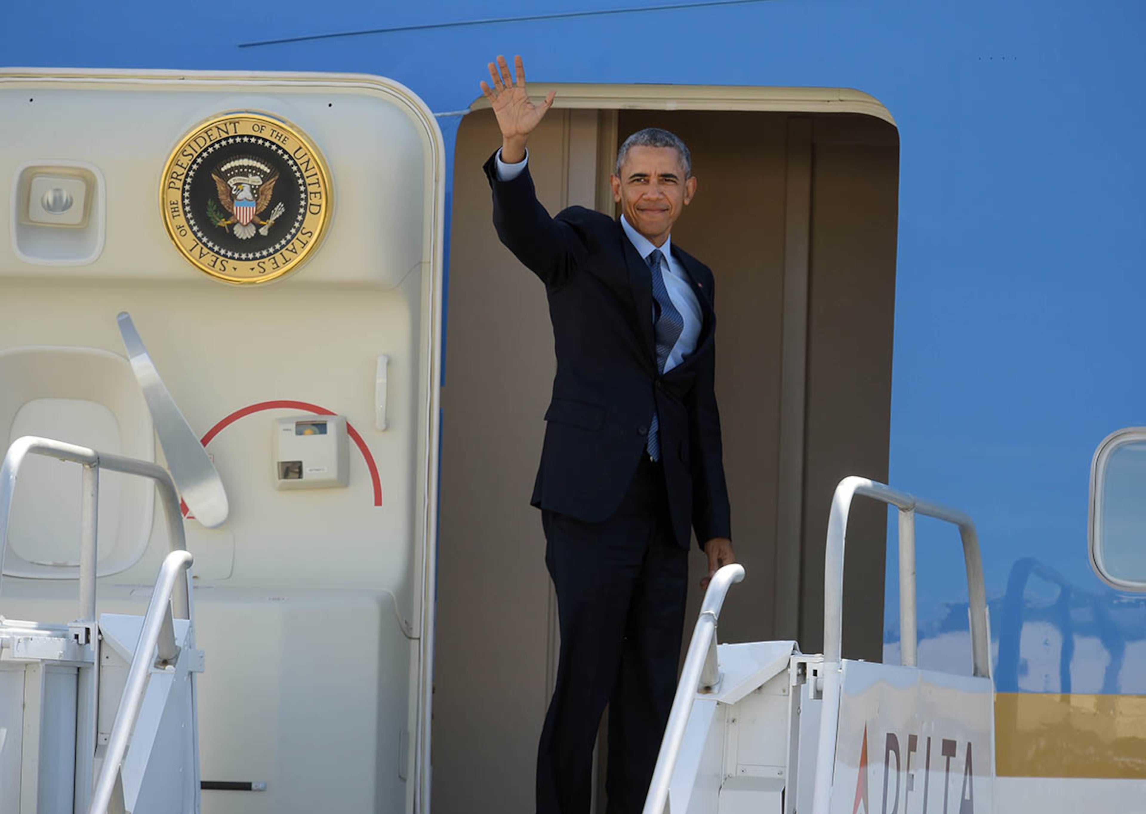 In his eight years in office, President Barack Obama visited Georgia more than a dozen times. Here are some of the highlights from his visits, and from visits by Michelle Obama and Joe Biden. This image was taken in March 2016 before he departed on Air Force One from Hartsfield-Jackson International Airport. (KENT D. JOHNSON/ kdjohnson@ajc.com)
