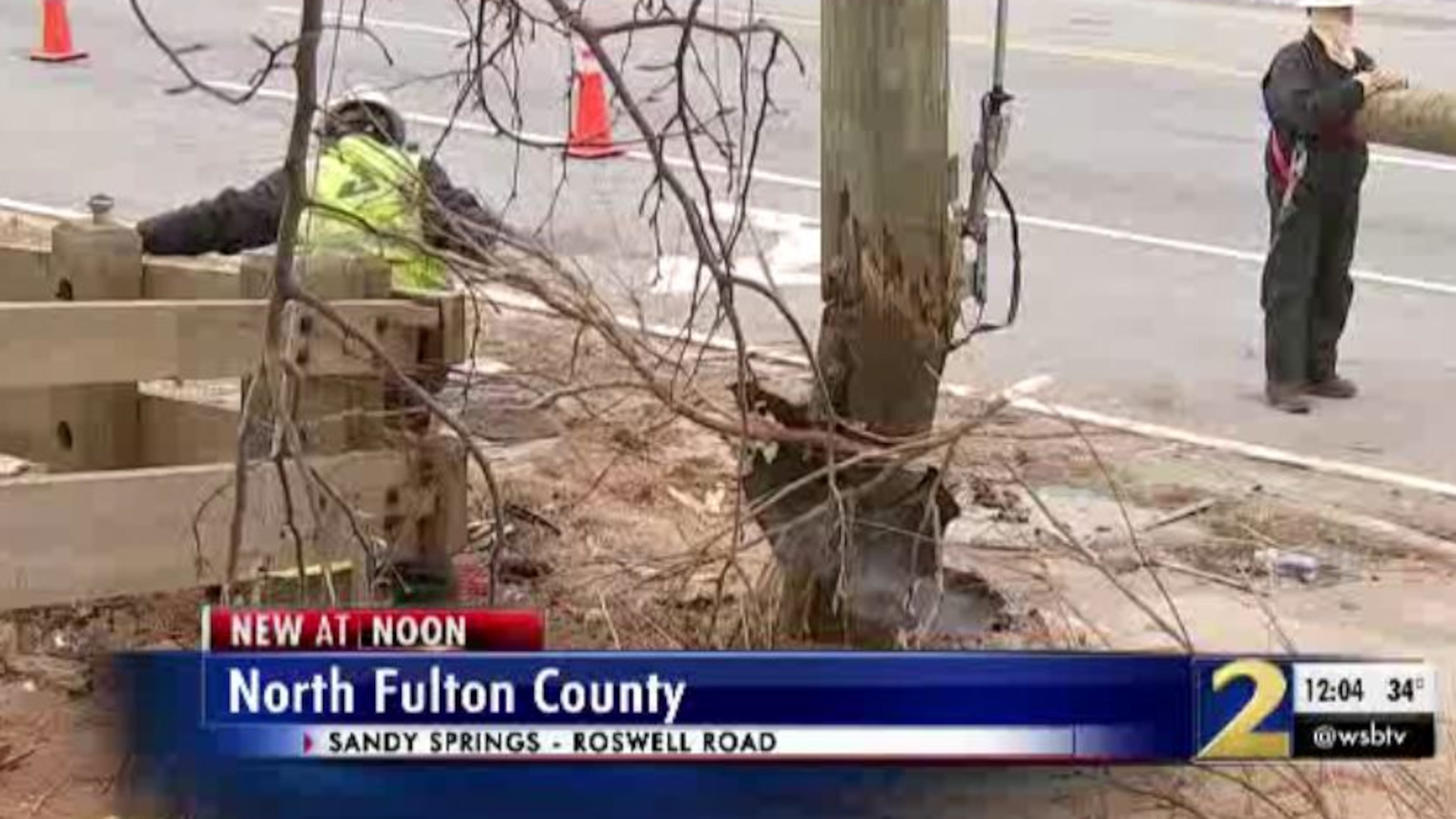 This utility pole was damaged in a deadly car crash in Sandy Springs.