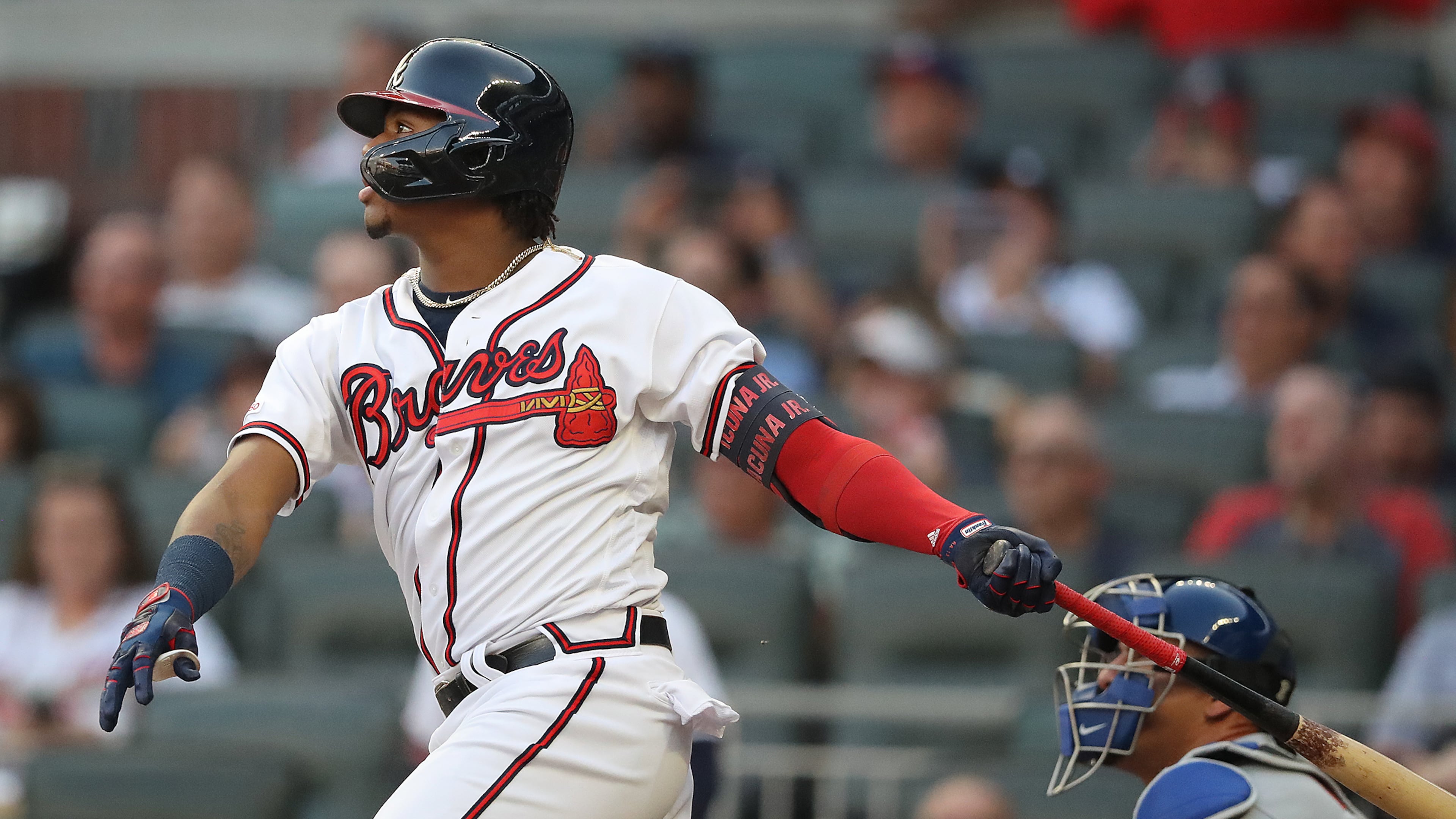 Ronald Acuna hits leadoff single against the New York Mets on Tuesday, Aug. 13, 2019, in Atlanta.