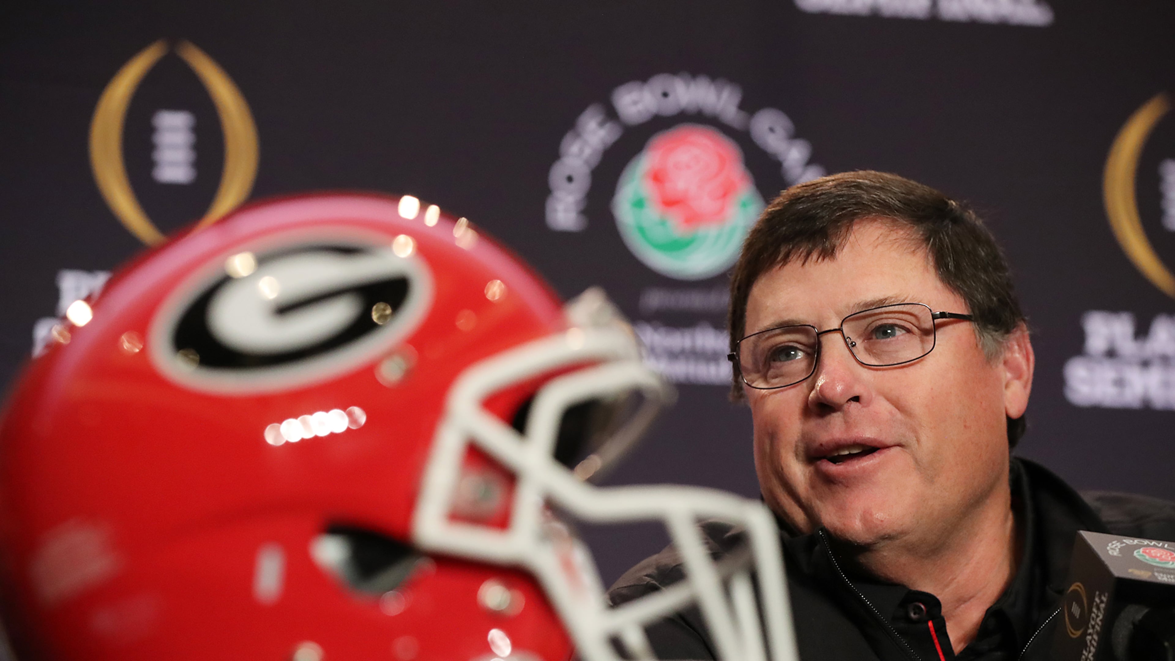 Georgia offensive coordinator Jim Chaney addresses the media about his players during press conferences for the Rose Bowl on Thursday, December 28, 2017, in Los Angeles. Curtis Compton/ccompton@ajc.com