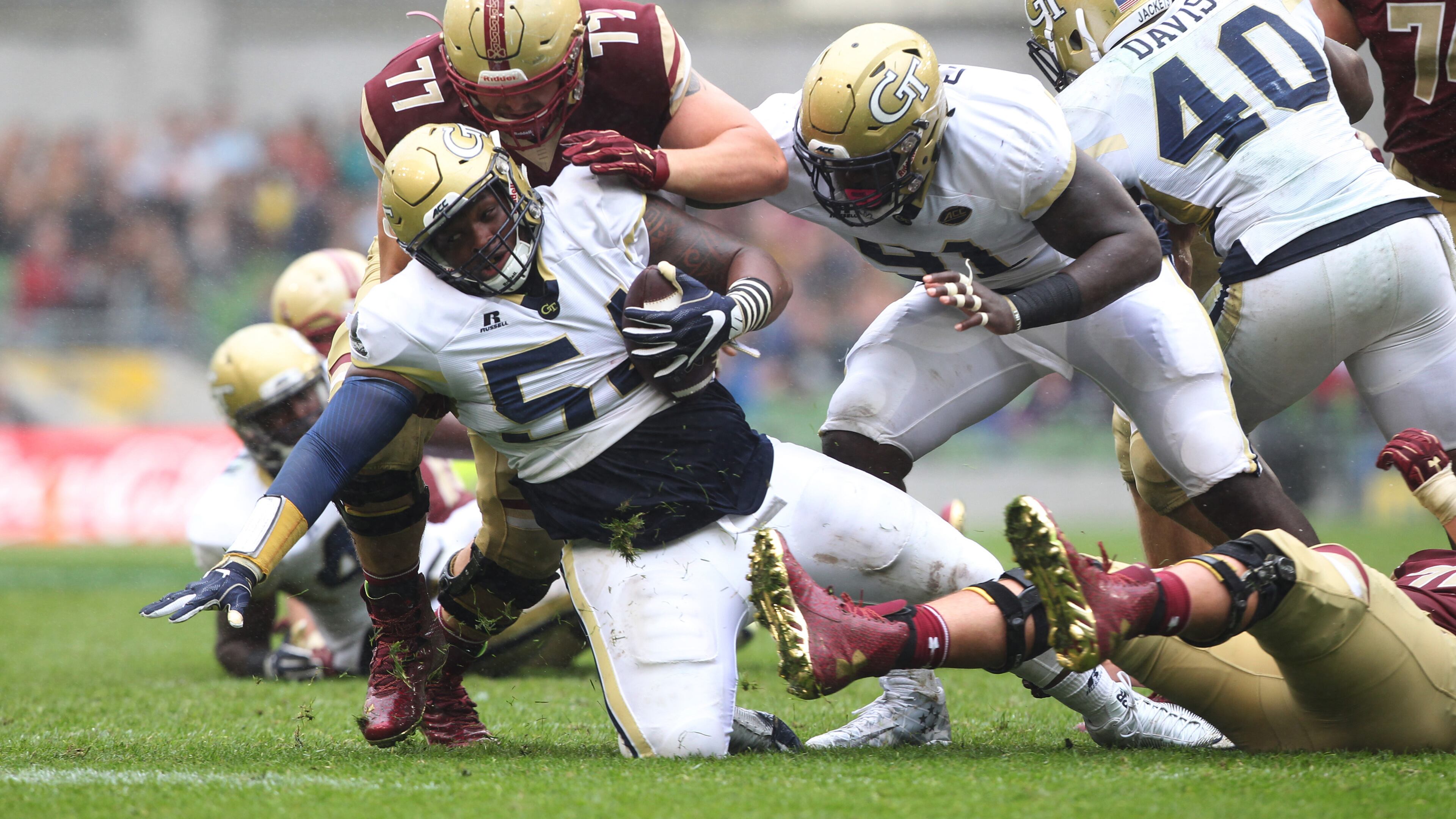 DUBLIN, IRELAND - SEPTEMBER 03: Kyle Cerge-Henderson of Georgia Tech and Jon Baker of Boston College during the Aer Lingus College Football Classic Ireland 2016 at Aviva Stadium on September 3, 2016 in Dublin, Ireland. (Photo by Patrick Bolger/Getty Images)