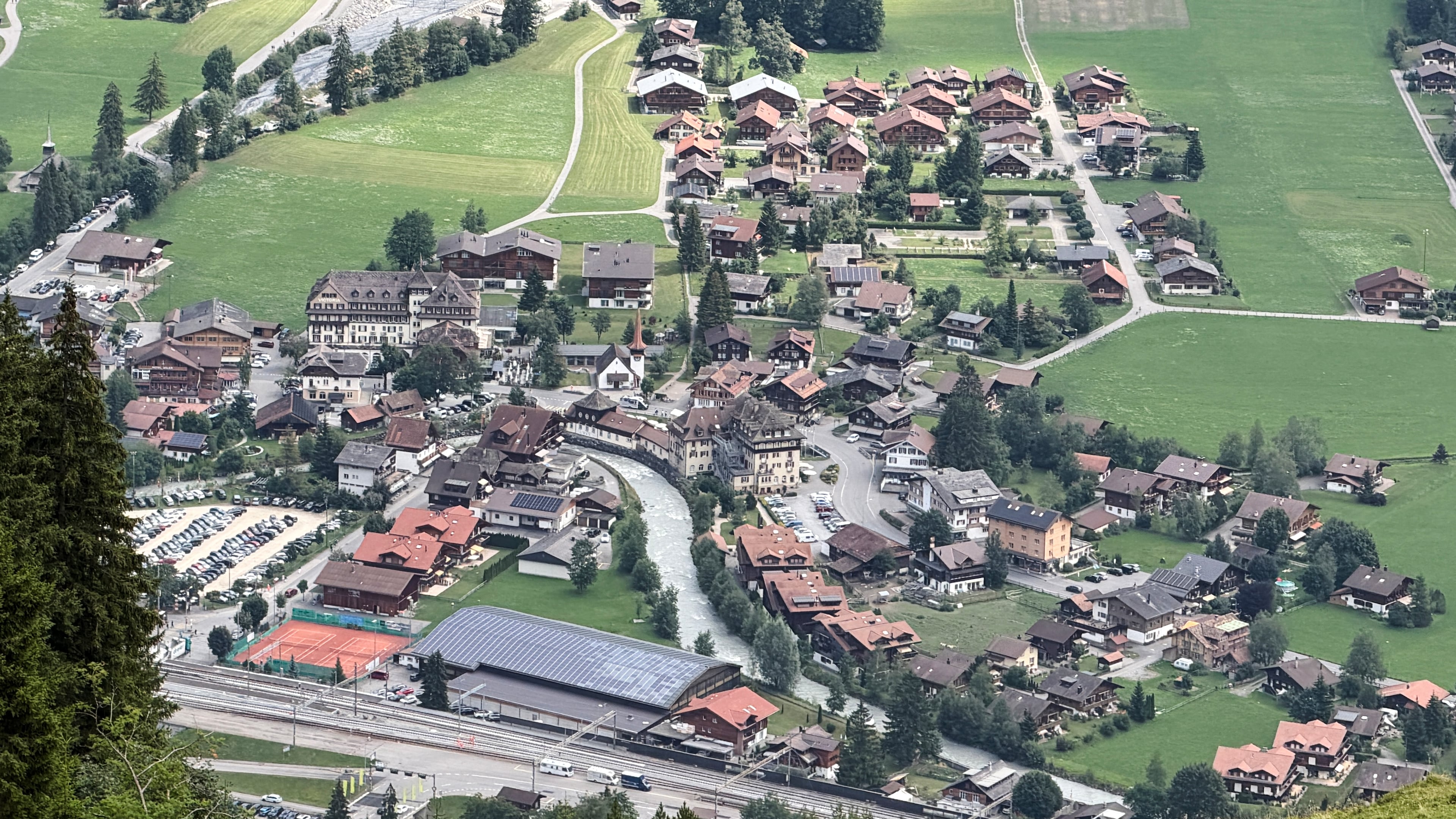 Areal view of the village center of Kandersteg, Switzerland, Tuesday, Aug. 4, 2026. (AP Photo/Hernan Munoz)