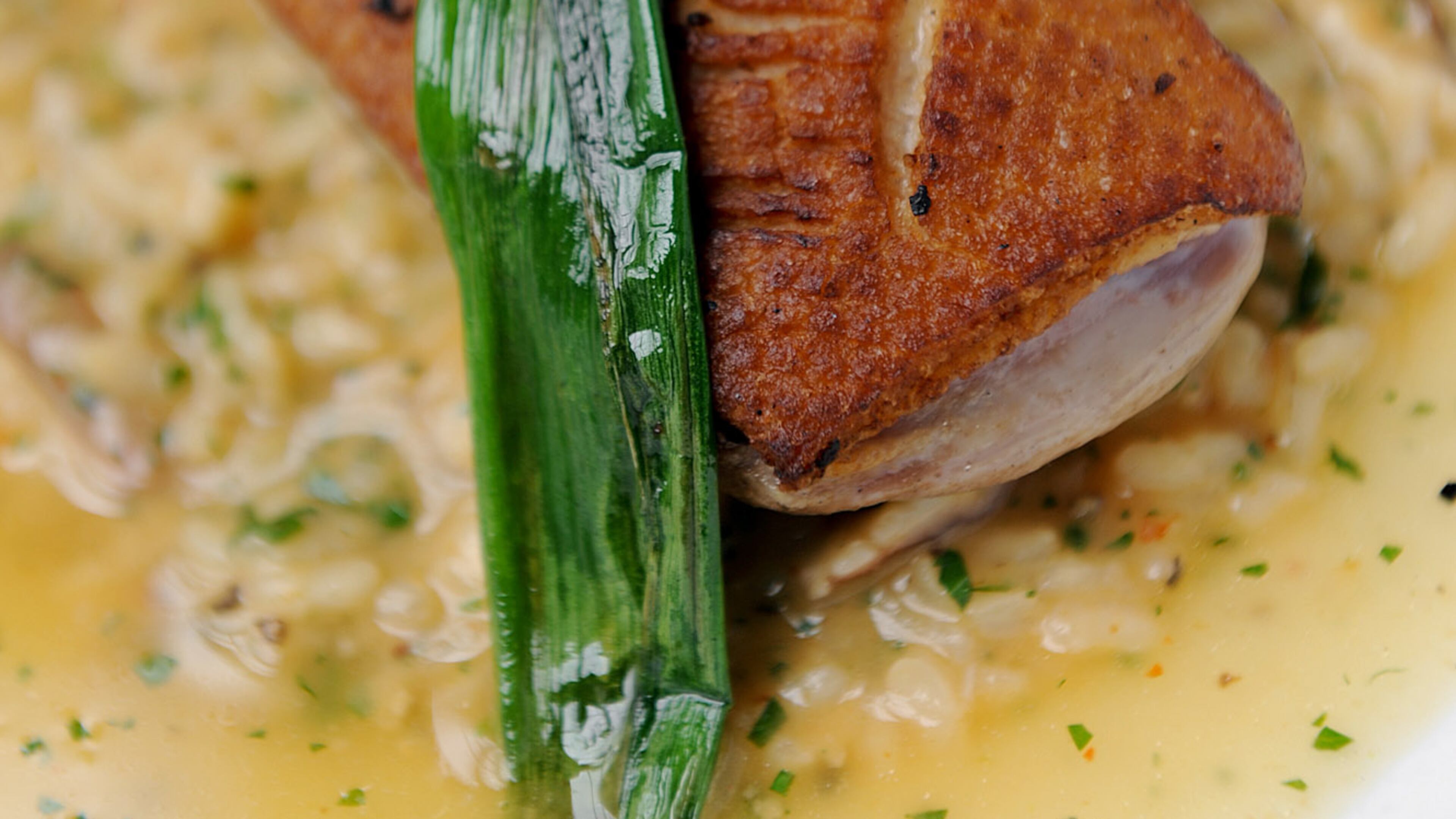 Rathbun’s Crispy Duck Breast is served with Thai risotto and green curry essence.