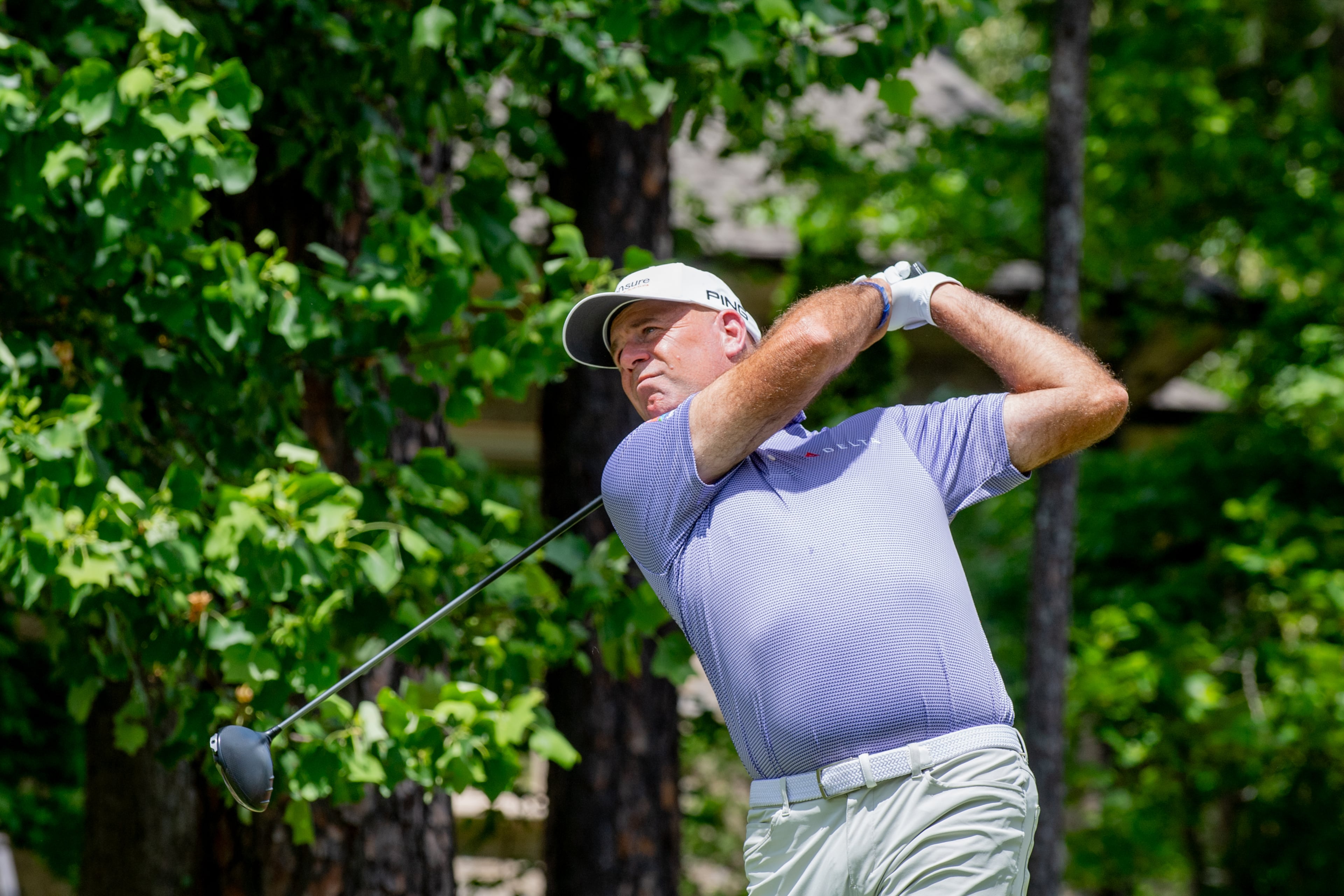Tournament host Stewart Cink drives the ball at the Mitsubishi Electric Classic, April 26, 2026, at TPC Sugarloaf. Conk finished fourth. Photo David King.