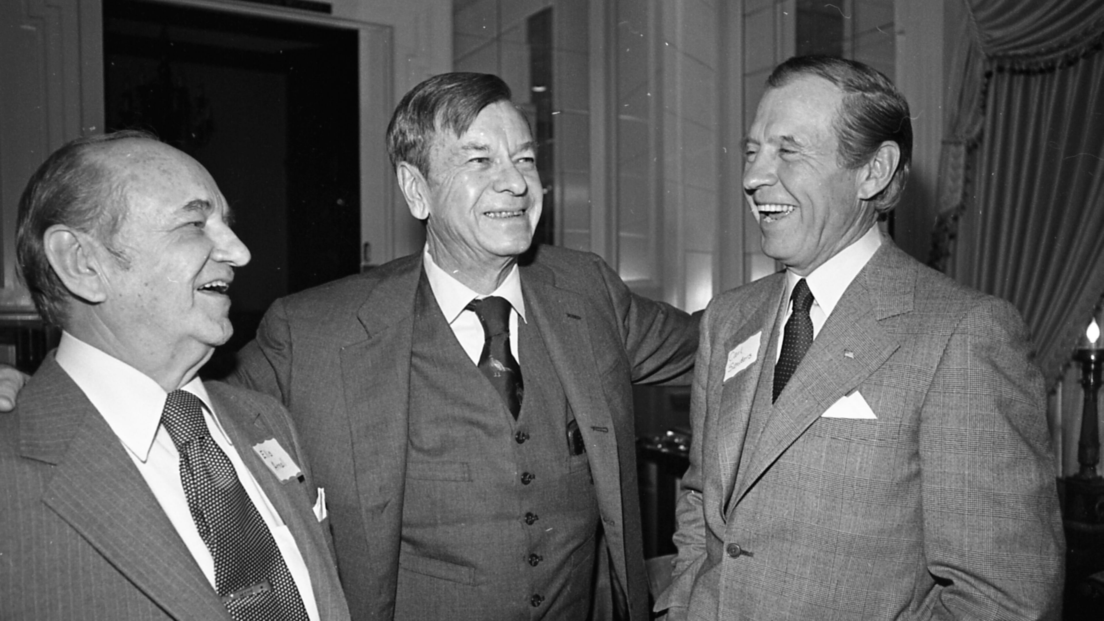 Former Georgia Governors Herman Talmadge (center) Ellis Arnall (left) and Carl Sanders at the Commerce Club, Atlanta, Georgia, March 6, 1980. LANNA SWINDLER / THE ATLANTA JOURNAL-CONSTITUTION ARCHIVES