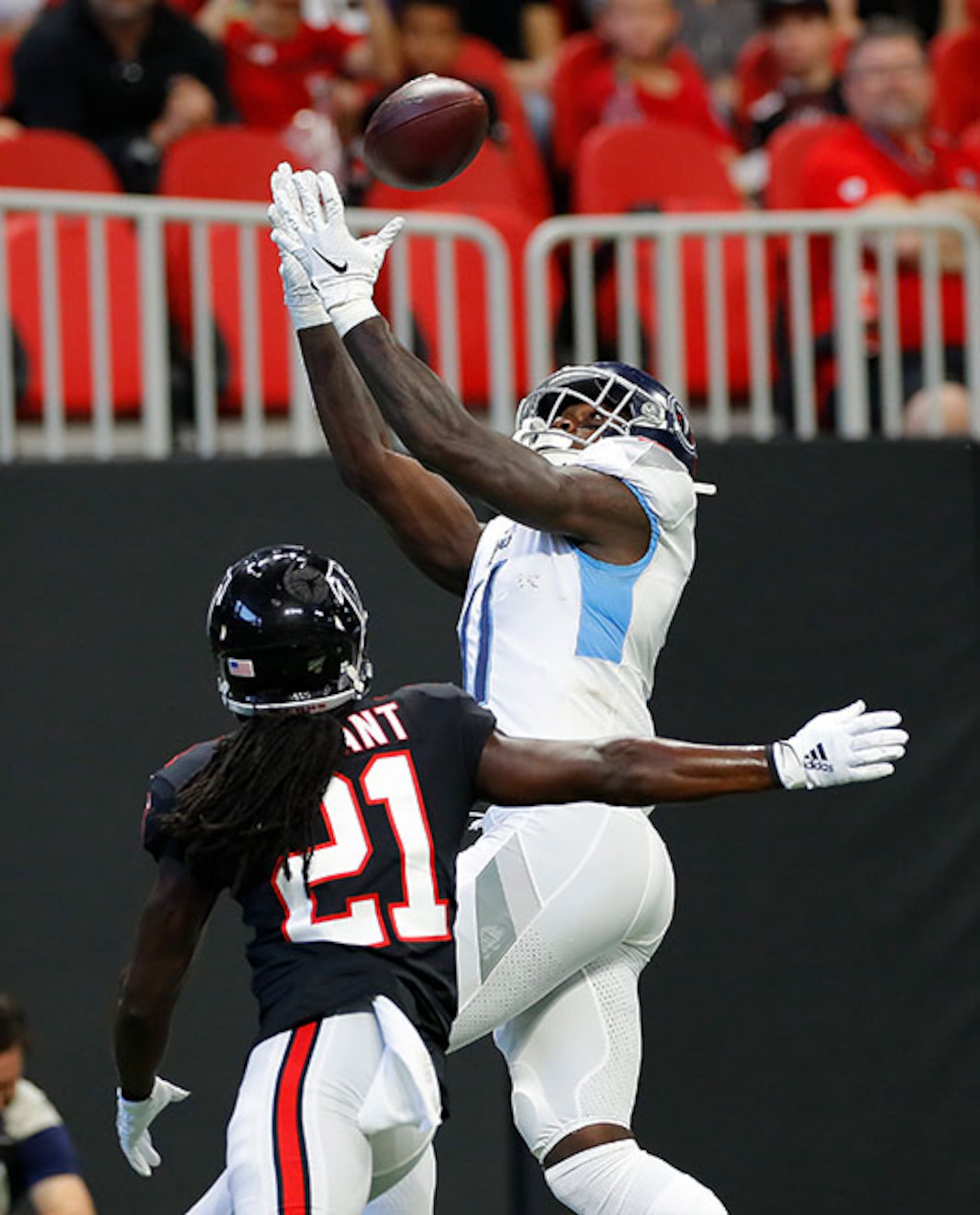 Tennessee's A.J. Brown pulls in this touchdown reception over the Falcons' Desmond Trufant in the first half Sunday, Sept. 29, 2019, at Mercedes-Benz Stadium in Atlanta.