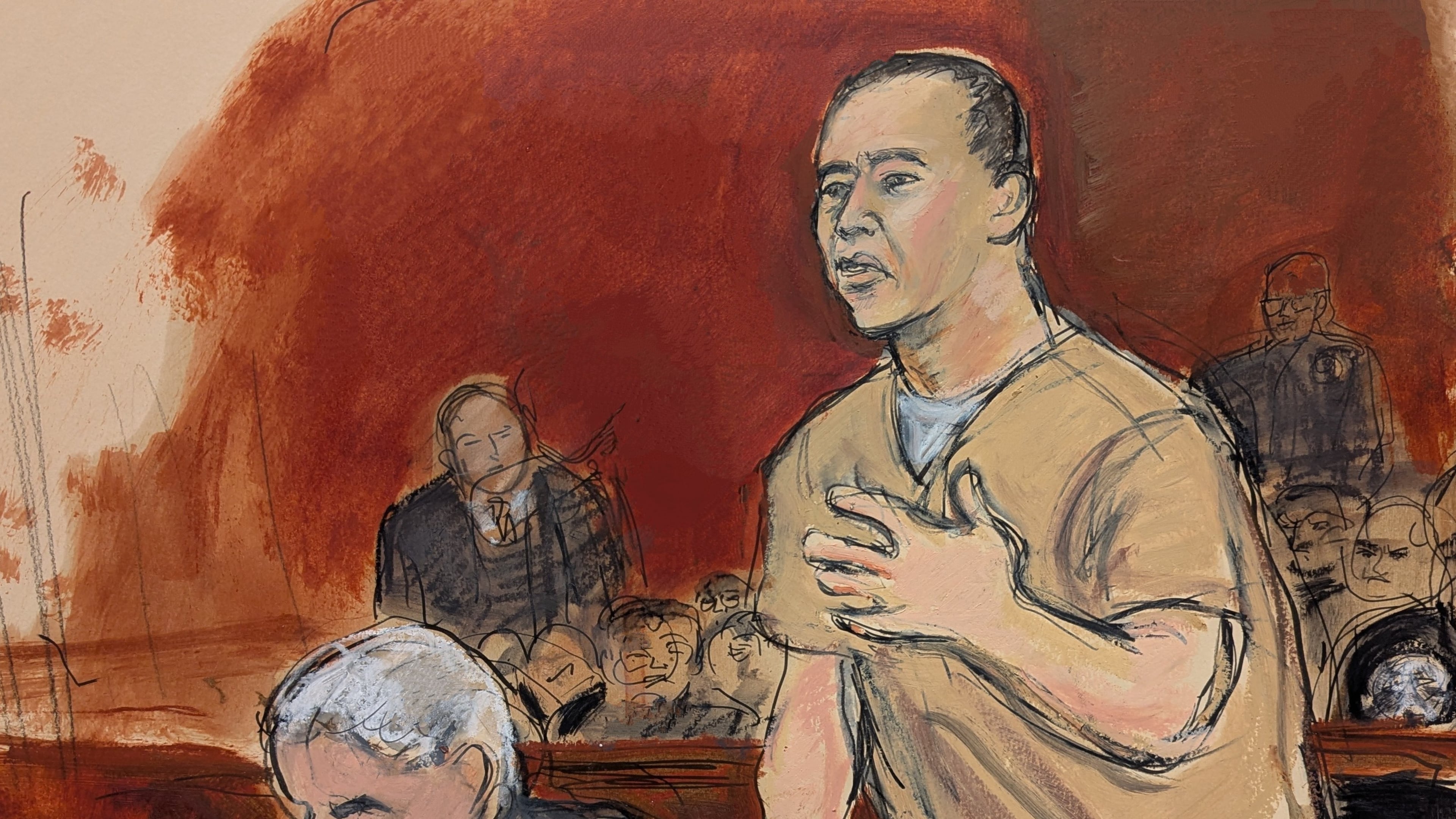 In this courtroom sketch, Guo Wengui, Chinese business tycoon, talks at Manhattan federal court in New York, Monday, June 29, 2026. (Elizabeth Williams via AP)