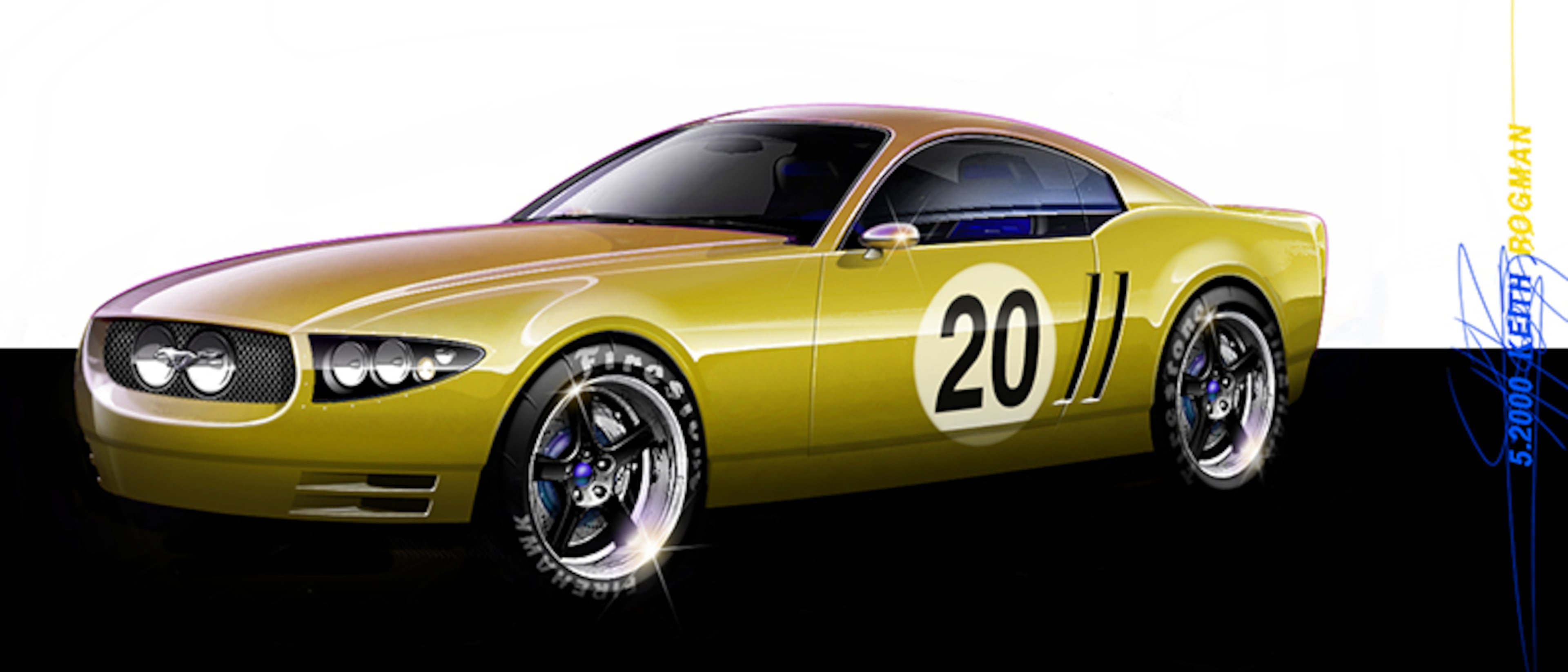 Combining lines reminiscent of the 1960s Shelby Cobra Daytona coupe with Mustang cues including the side scoops, and GT500-style central driving lamps, this theme would have been a very different take on retro design.