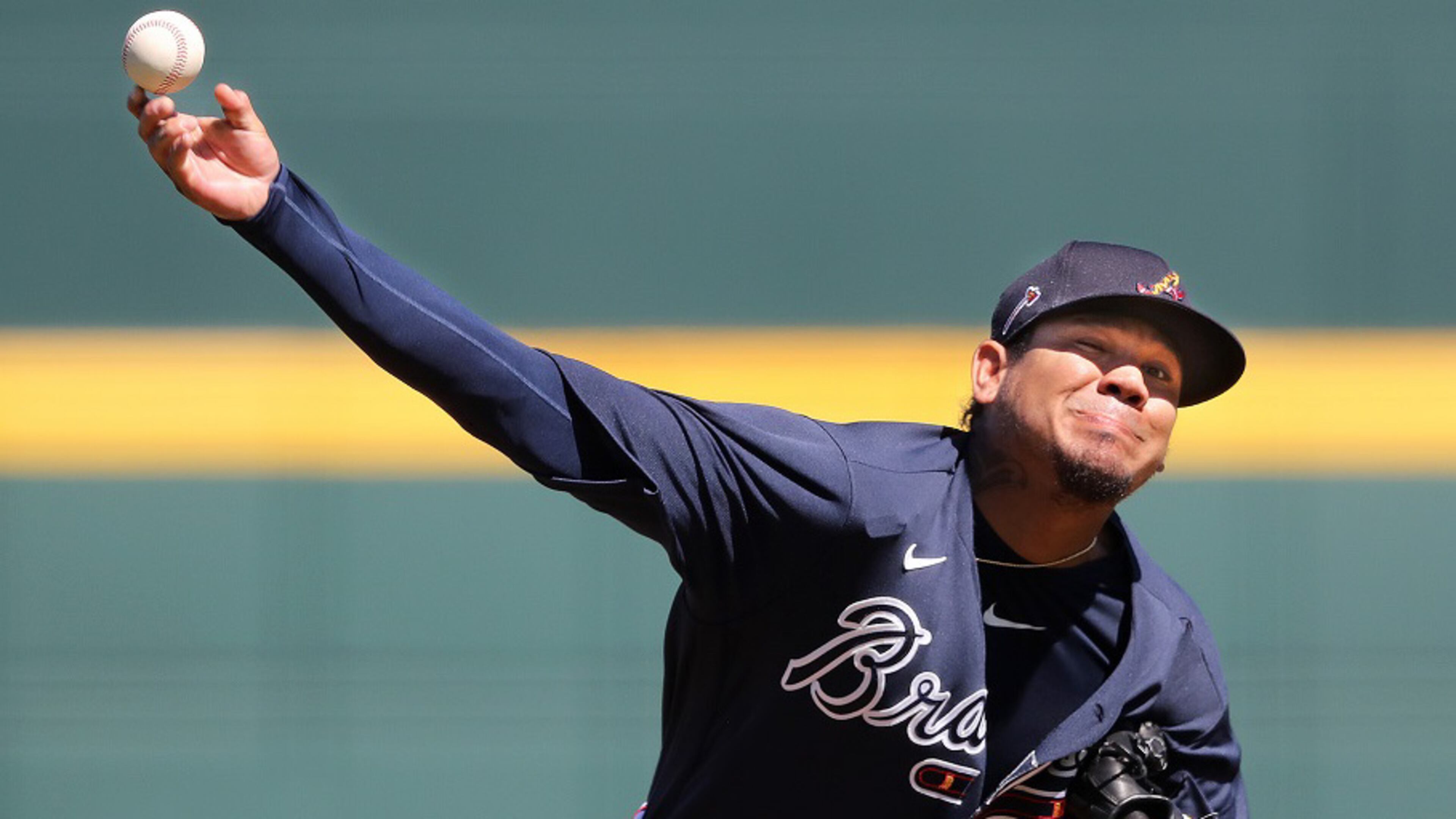 Braves starting pitcher Felix Hernandez delivers a pitch against the Baltimore Orioles Saturday, Feb. 22, 2020, at CoolToday Park in North Port, Fla. (Curtis Compton ccompton@ajc.com)