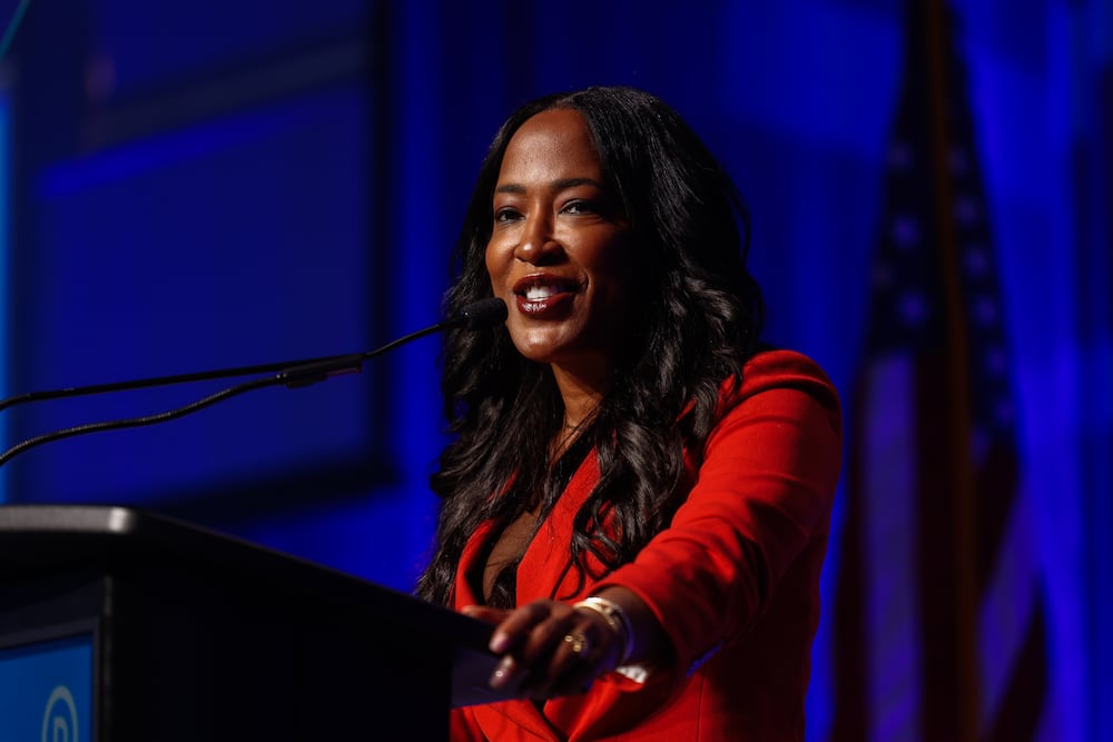 Democratic nominee for attorney general Tanya Miller speaks during the Democratic Party of Georgia convention in Savannah last month. (Arvin Temkar/AJC)