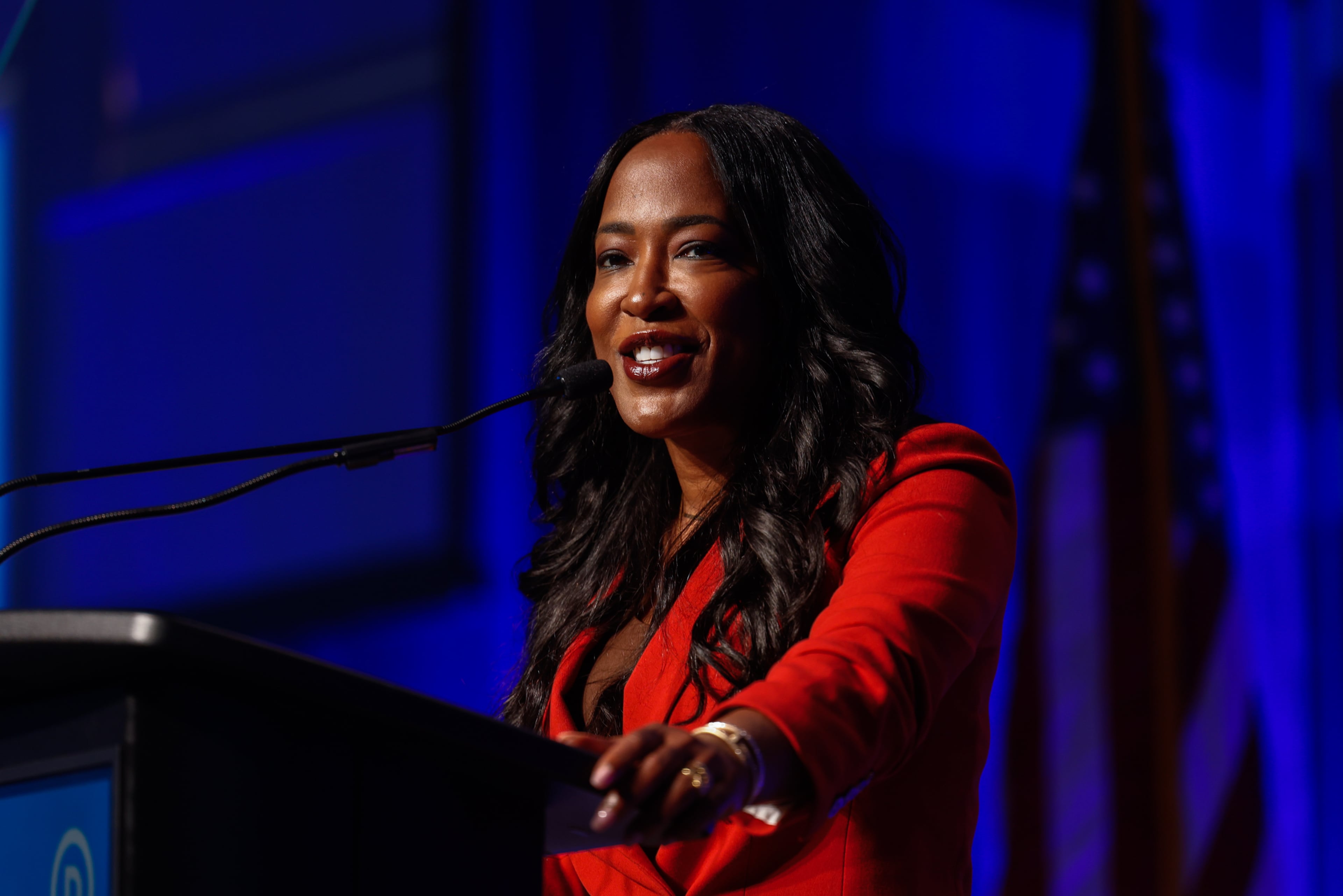 Democratic nominee for attorney general Tanya Miller speaks during the Democratic Party of Georgia convention in Savannah last month. (Arvin Temkar/AJC)