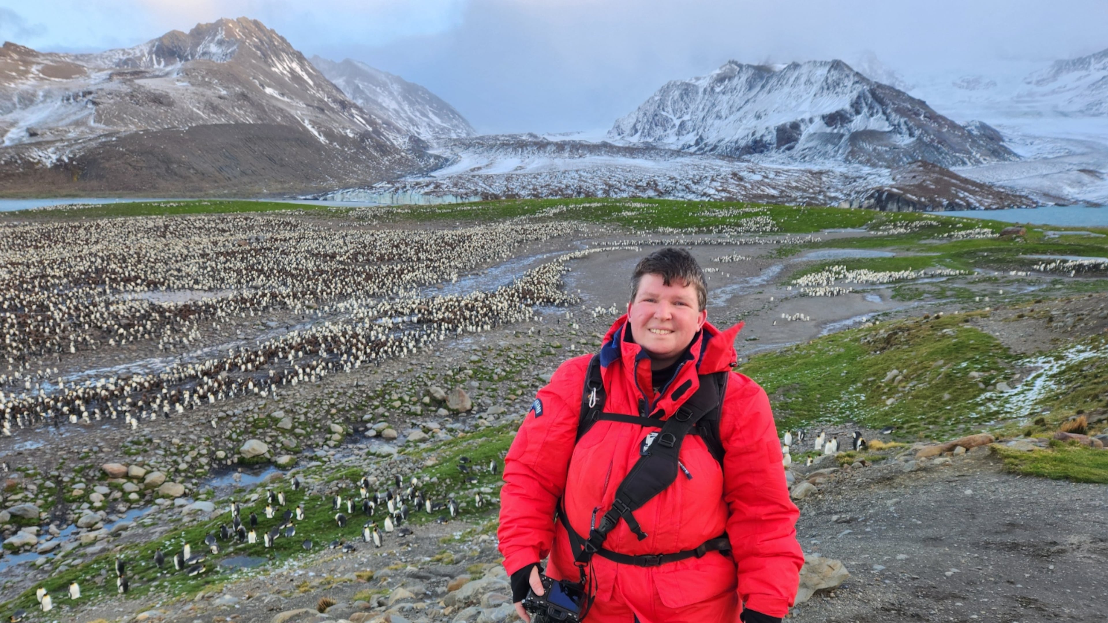 This photo provided by Angela Perryman shows her on South Georgia Island in April 2026. (Courtesy Angela Perryman via AP)