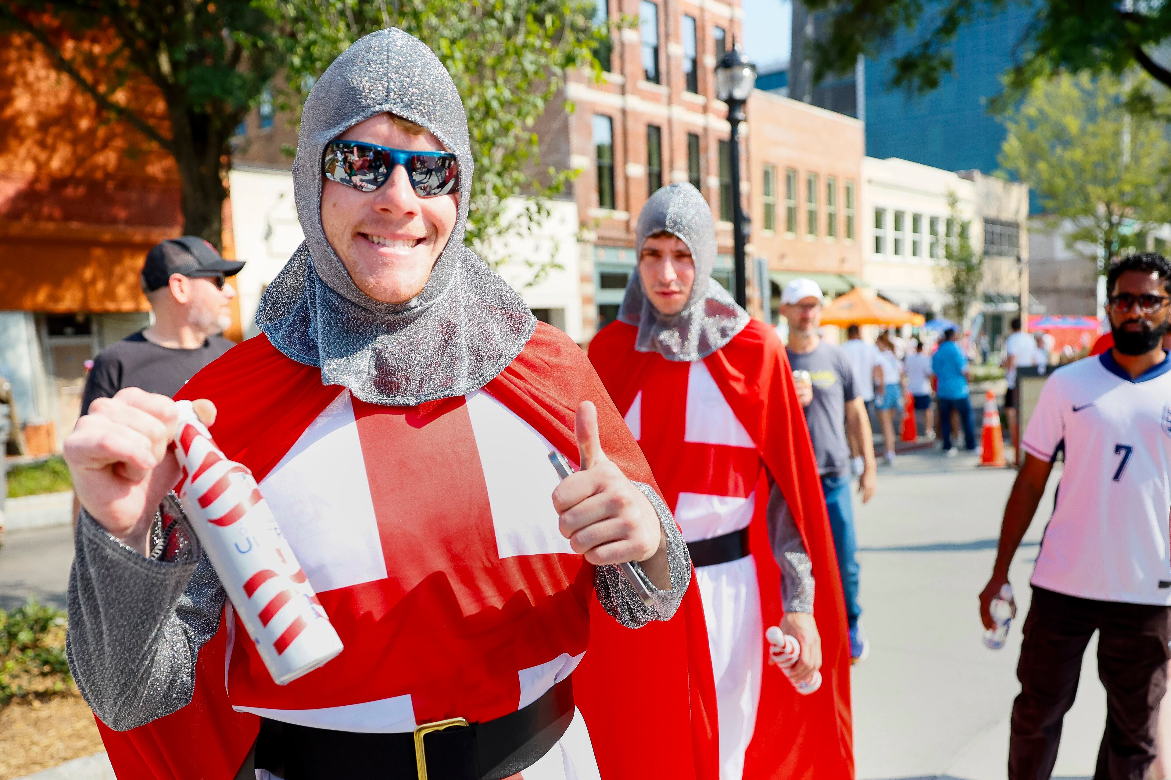 England fans dressed in traditional attire gather in downtown Atlanta before a FIFA World Cup round of 32 match at Atlanta Stadium (Mercedes-Benz Stadium) on Wednesday, July 1, 2026. (Miguel Martinez/AJC)