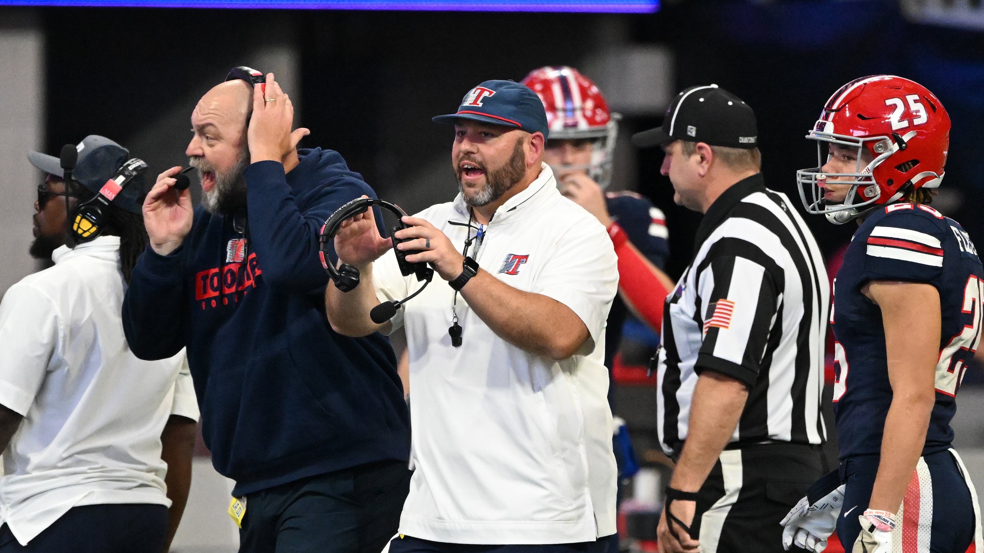 “I think we’re in a good place. We’ve got a lot of talent returning," Toombs County's head coach Buddy Martin (shouting plays during last year's championship game) says of this season's team. (Hyosub Shin/AJC)