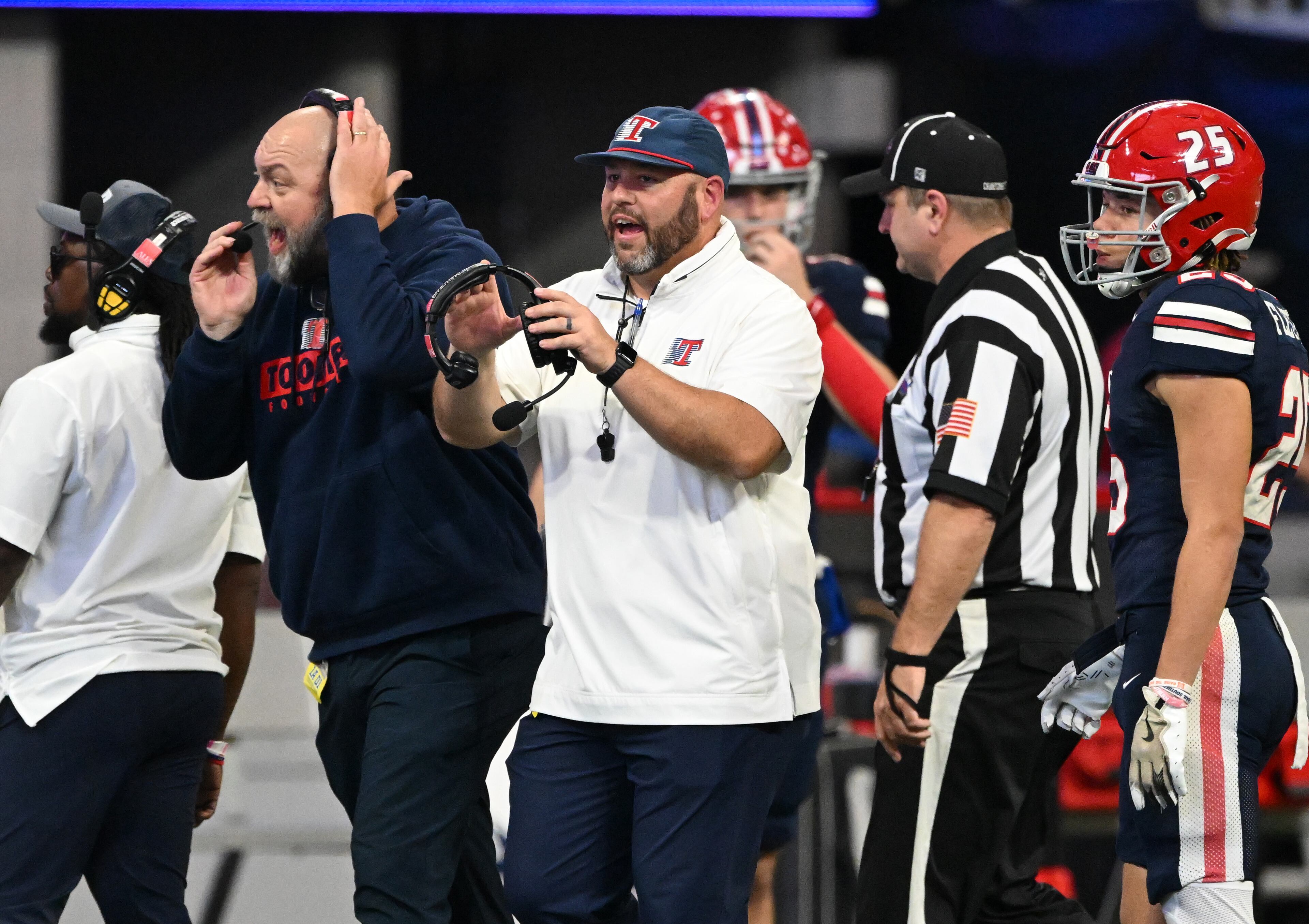Toombs County's head coach Buddy Martin shouts instructions during the second half in GHSA Class A-Division State Championship game at Mercedes-Benz Stadium, Tuesday, December 17, 2024, in Atlanta. Toombs County won 38-18 over Northeast Macon. (Hyosub Shin / AJC)