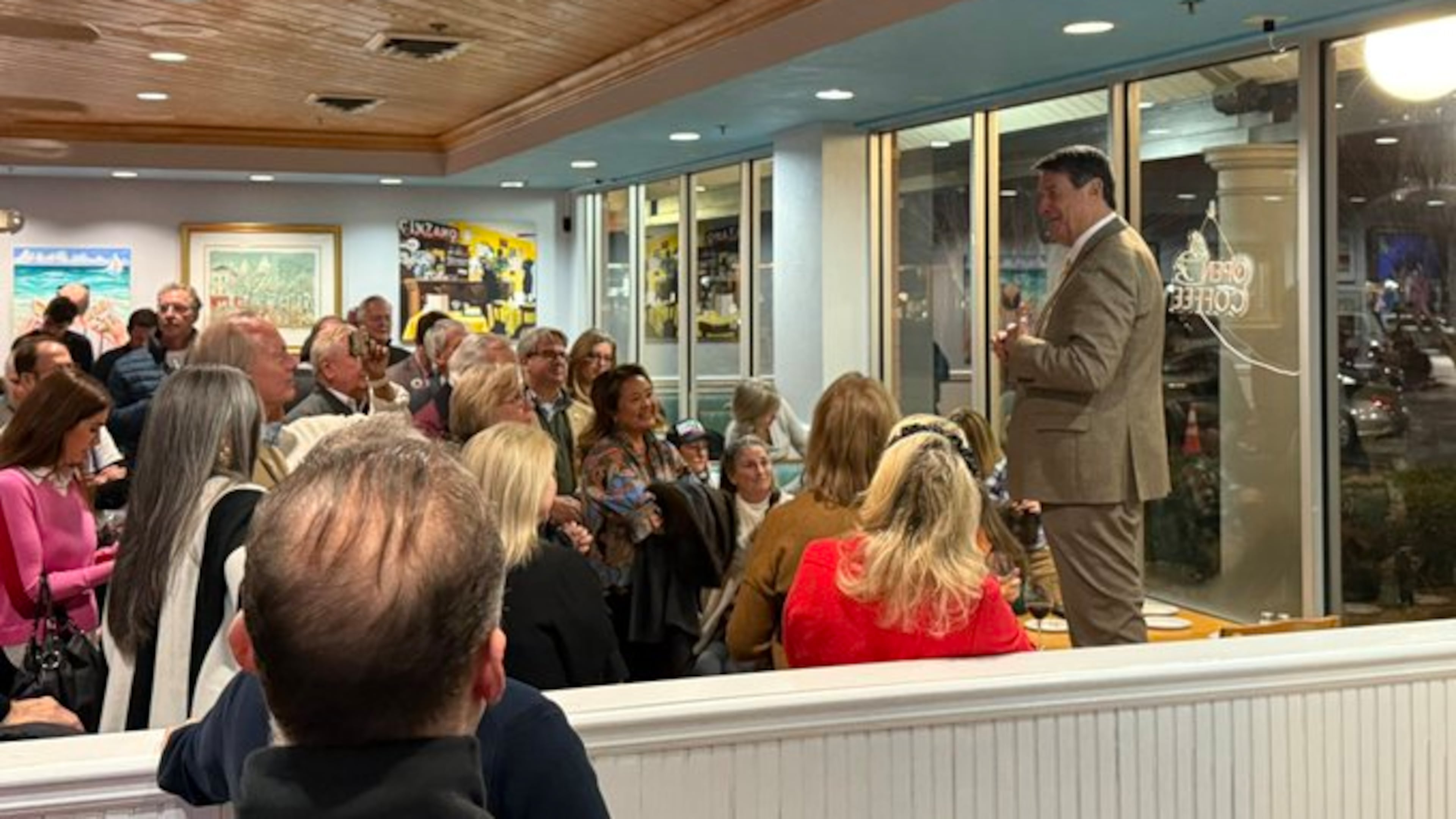 Sandy Springs Mayor Rusty Paul spoke to supporters after winning his reelection bid on Tuesday. (Greg Bluestein/AJC)