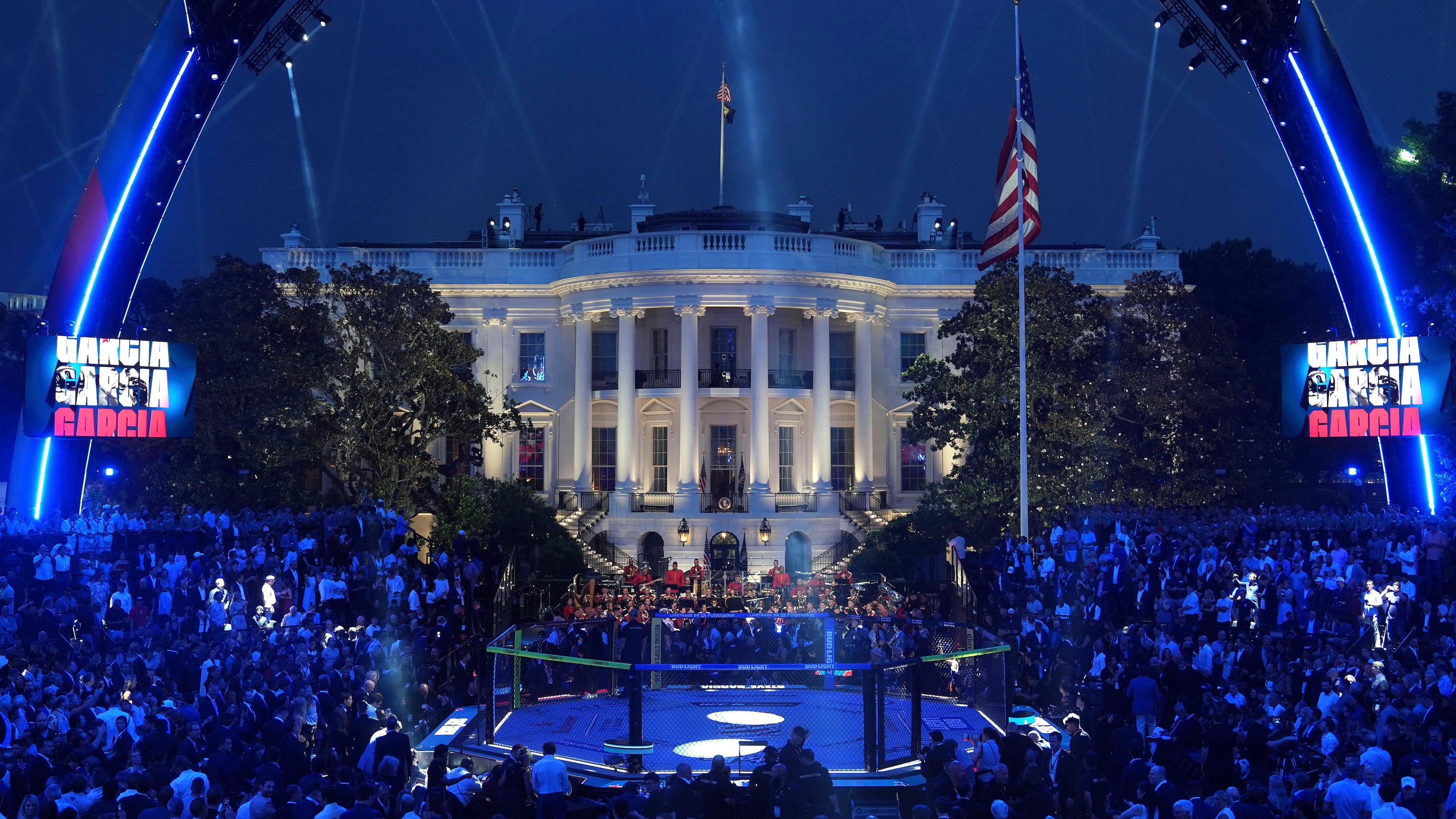 FILE - President Donald Trump arrives at the arena for the UFC Freedom 250 on the South Lawn of the White House, June 14, 2026, in Washington. (AP Photo/Mark Schiefelbein, File)