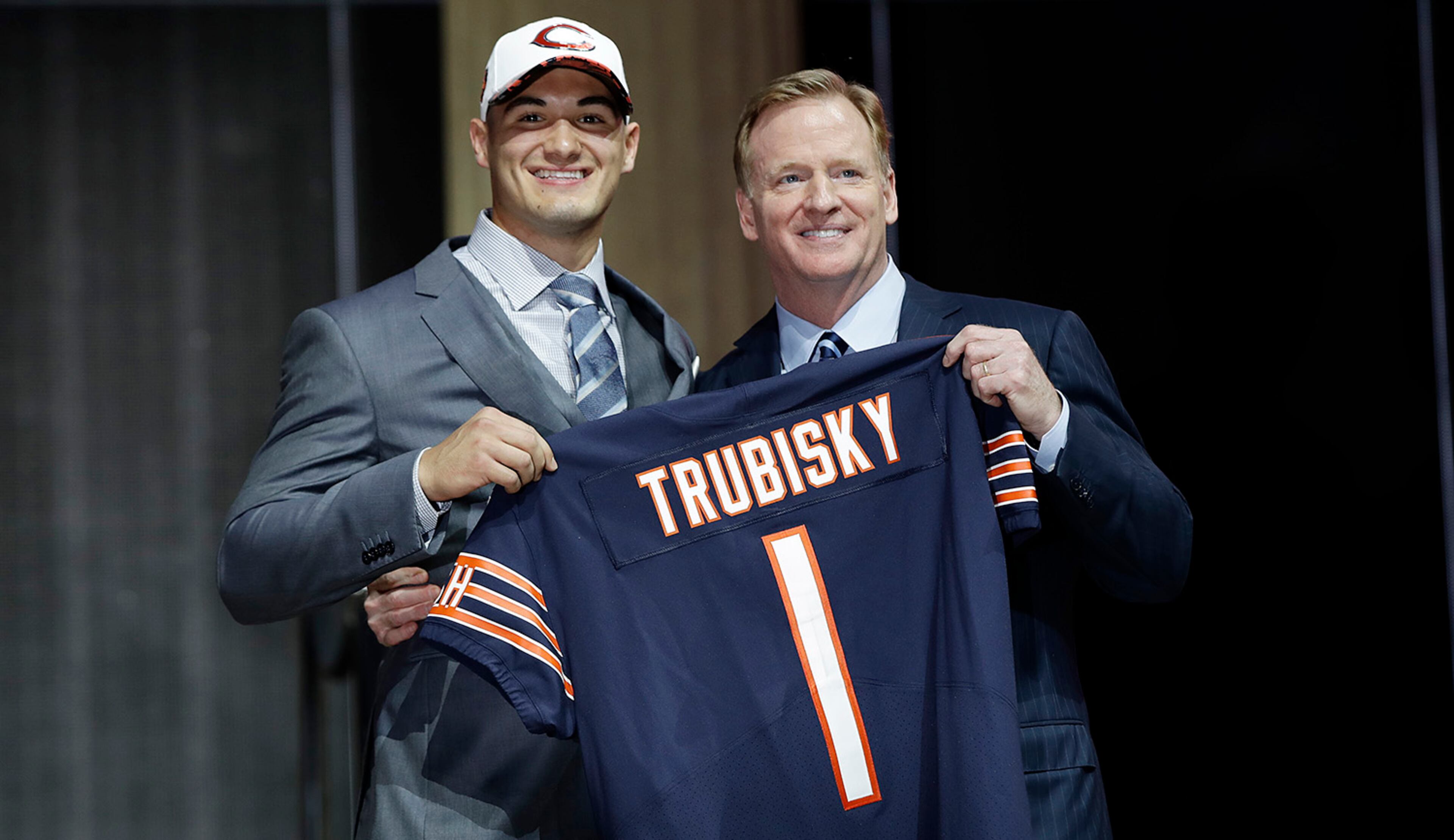 North Carolina's Mitch Trubisky, left, poses with NFL commissioner Roger Goodell after being selected by the Chicago Bears during the first round of the 2017 NFL football draft, Thursday, April 27, 2017, in Philadelphia. (AP Photo/Matt Rourke)