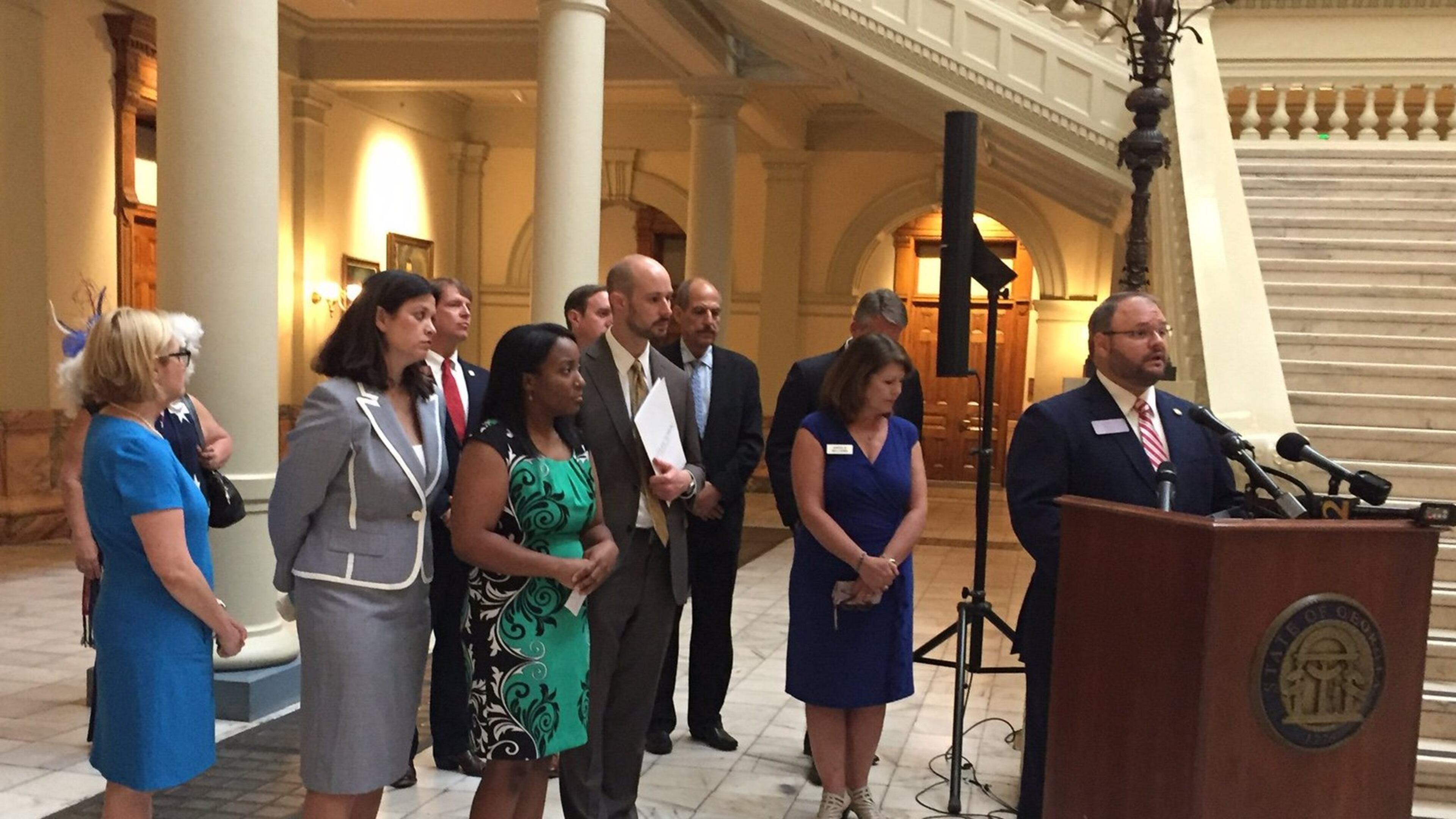 As lawmakers, attorneys and sex abuse victims look on, state Rep. Jason Spencer (R-Woodbine) speaks during a press conference Wednesday at the Georgia Capitol. ALAN JUDD/ajudd@ajc.com
