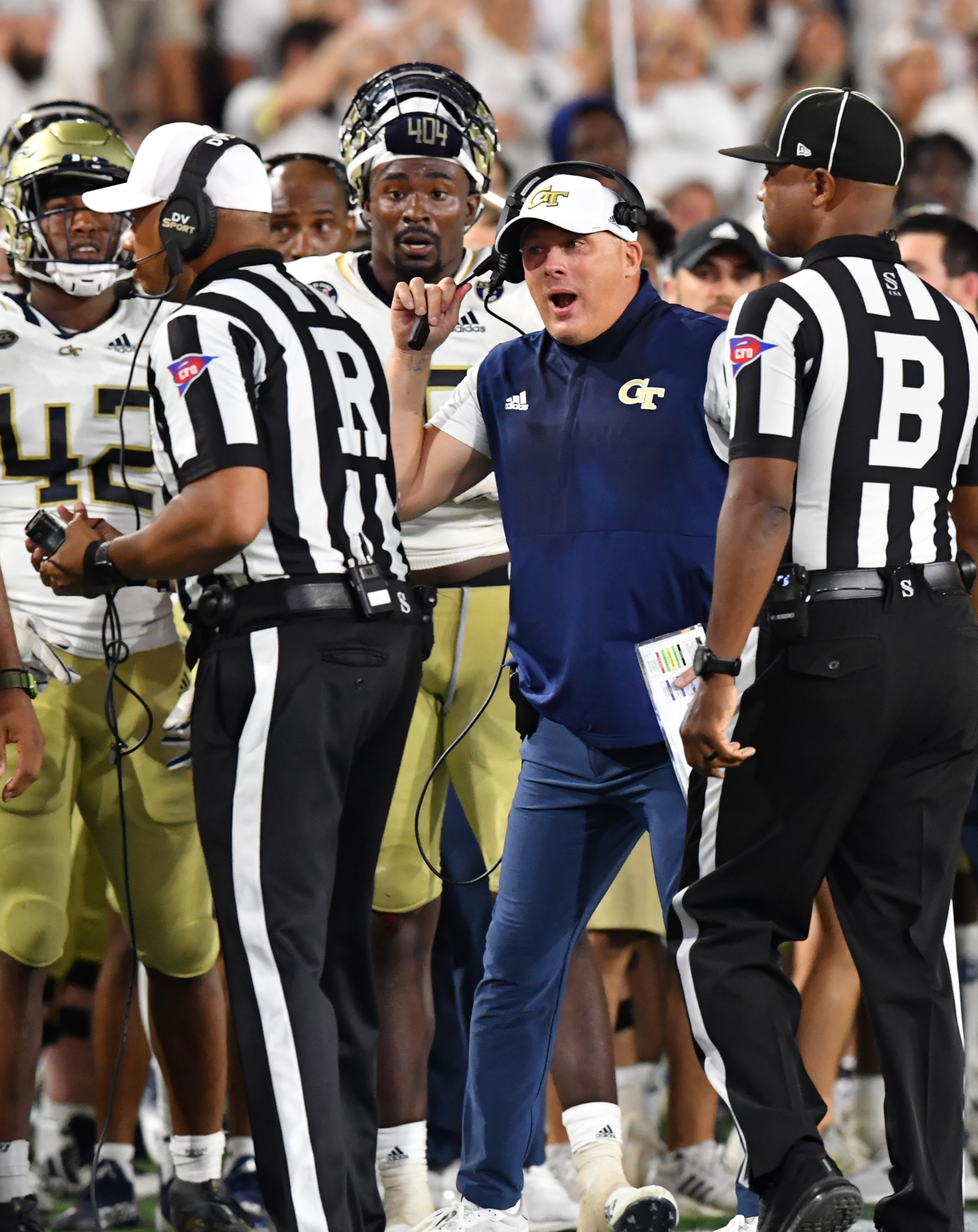 September 4, 2021 Atlanta - Georgia Tech's head coach Geoff Collins appeals after Northern Illinois' wide receiver Tyrice Richie (3) made the game winning catch during the second half of an NCAA college football game at Georgia Tech's Bobby Dodd Stadium in Atlanta on Saturday, September 4, 2021. Northern Illinois won 22-21 over Georgia Tech(Hyosub Shin / Hyosub.Shin@ajc.com)