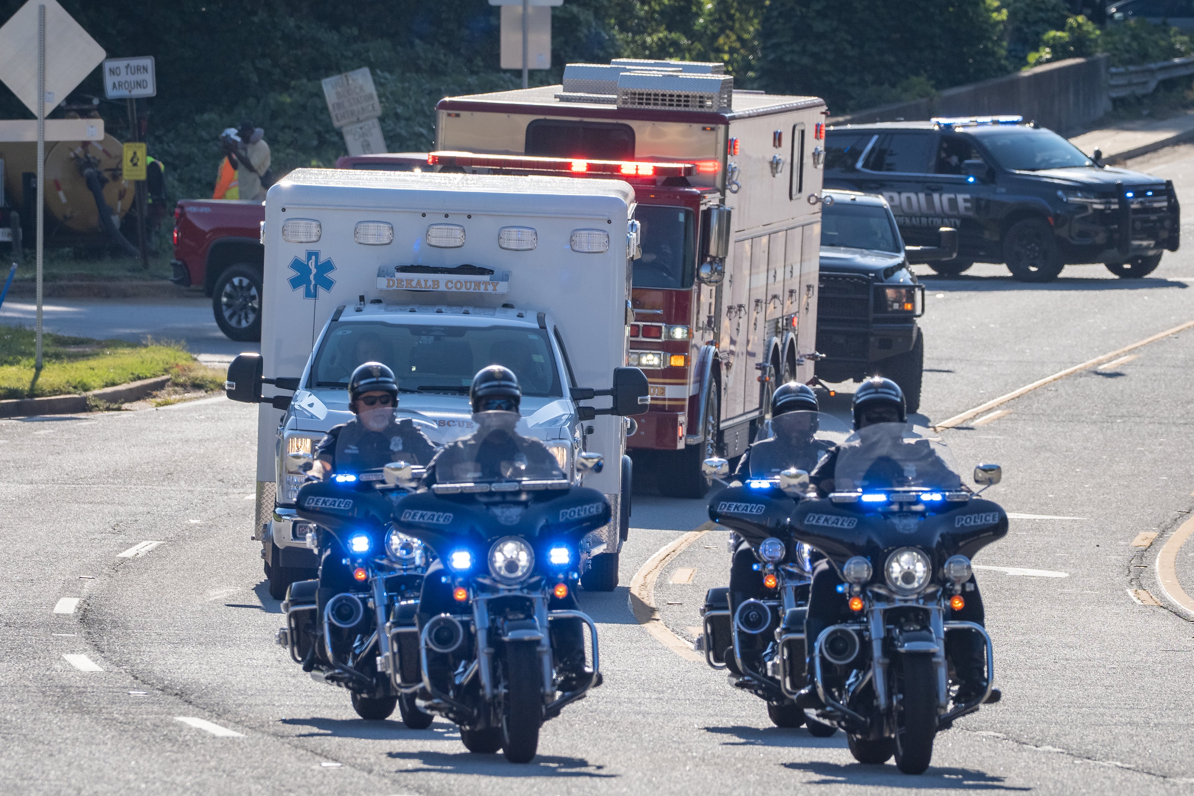A police-led procession for fallen Dekalb County Firefighter Preston Fant leaves the DeKalb Fire Station No. 24 on Wednesday, Sept. 10, 2025. (Ben Hendren for the AJC)