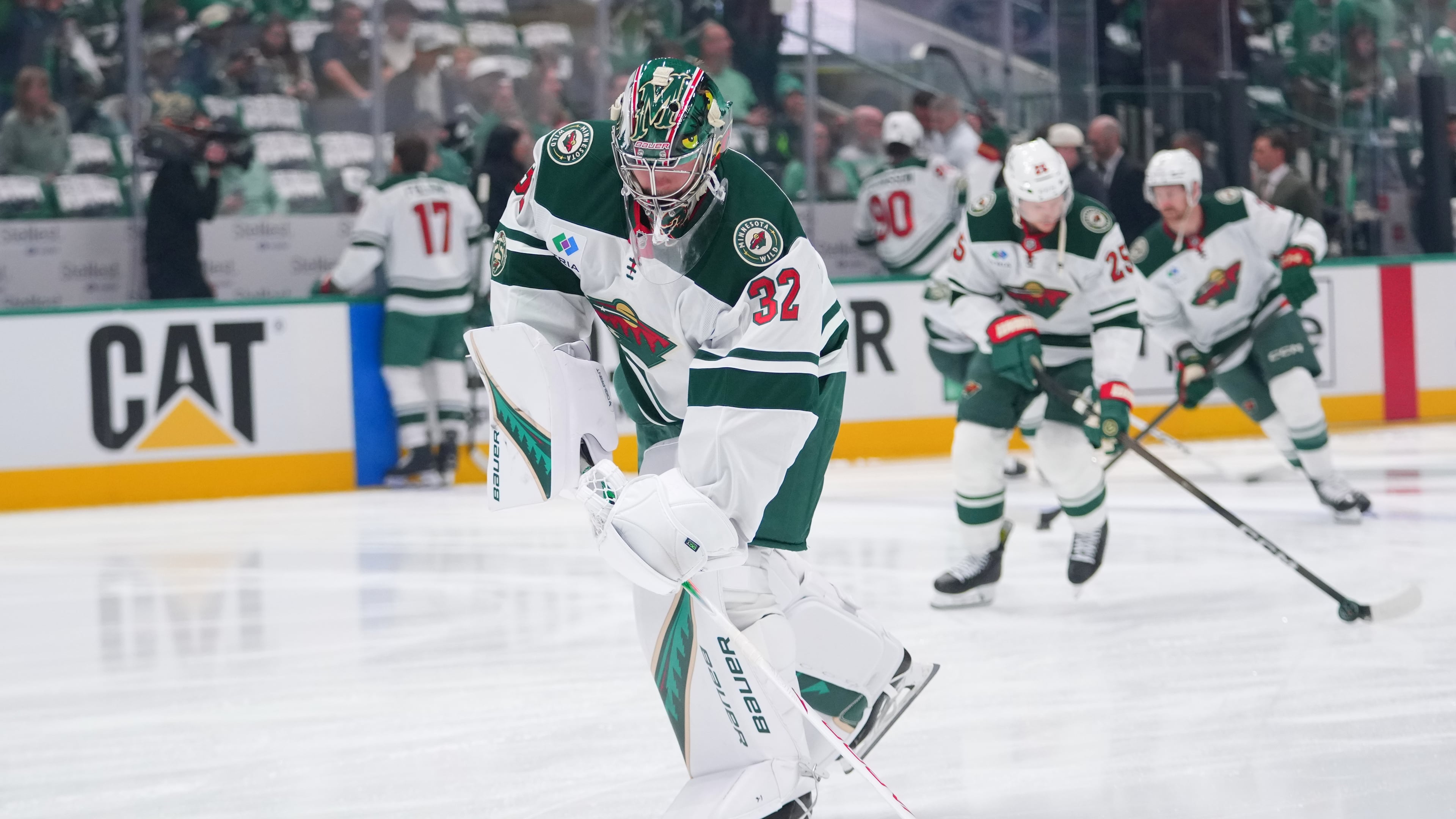 Minnesota Wild goaltender Filip Gustavsson works out ahead of Game 1 of a first-round NHL Stanley Cup playoffs hockey series against the Dallas Stars, Saturday, April 18, 2026, in Dallas. (AP Photo/Julio Cortez)
