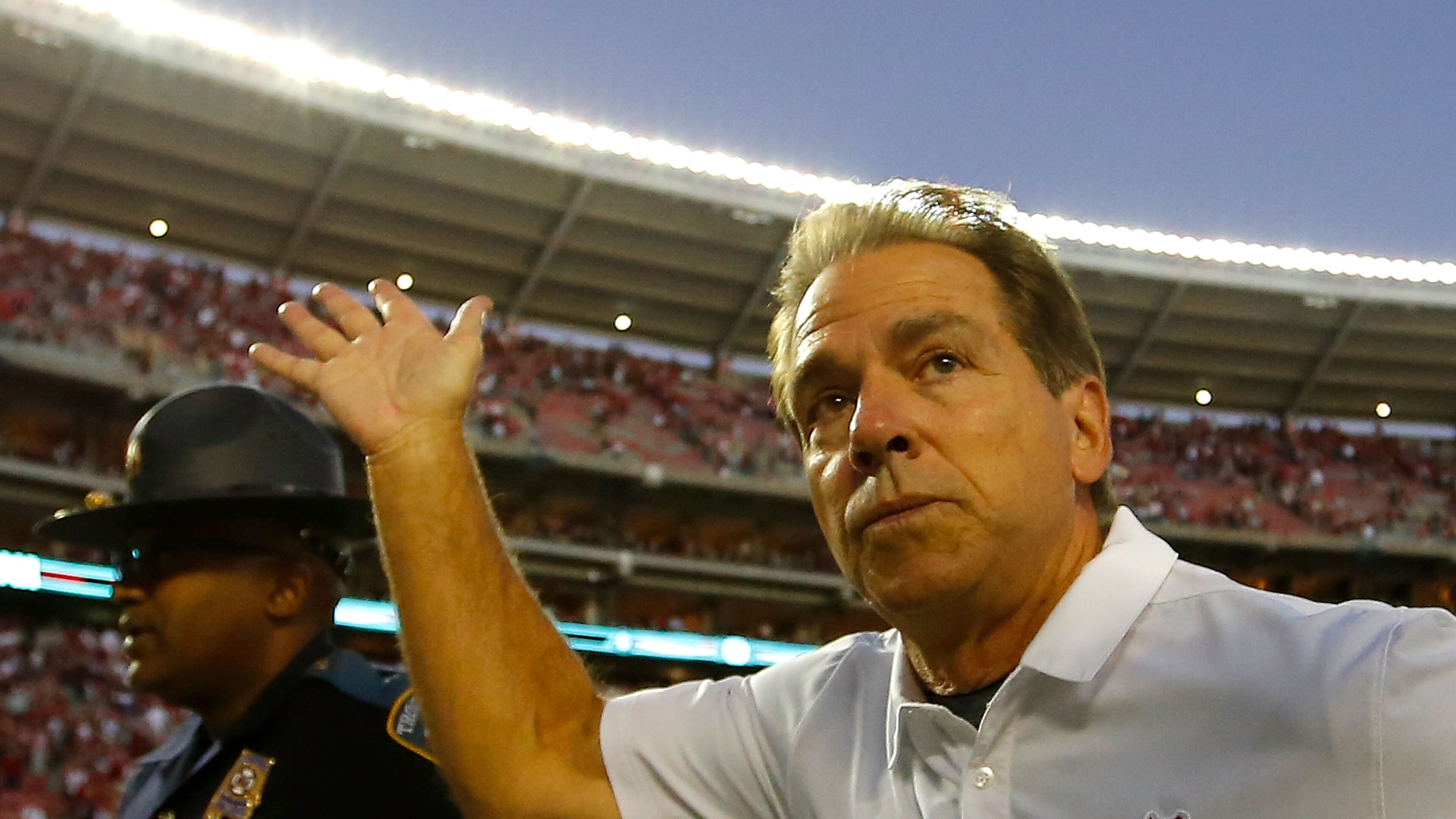 Coach Nick Saban’s Alabama Crimson Tide will carry the No. 1 ranking into Saturday’s game against rival Auburn. (Photo by Kevin C. Cox/Getty Images)