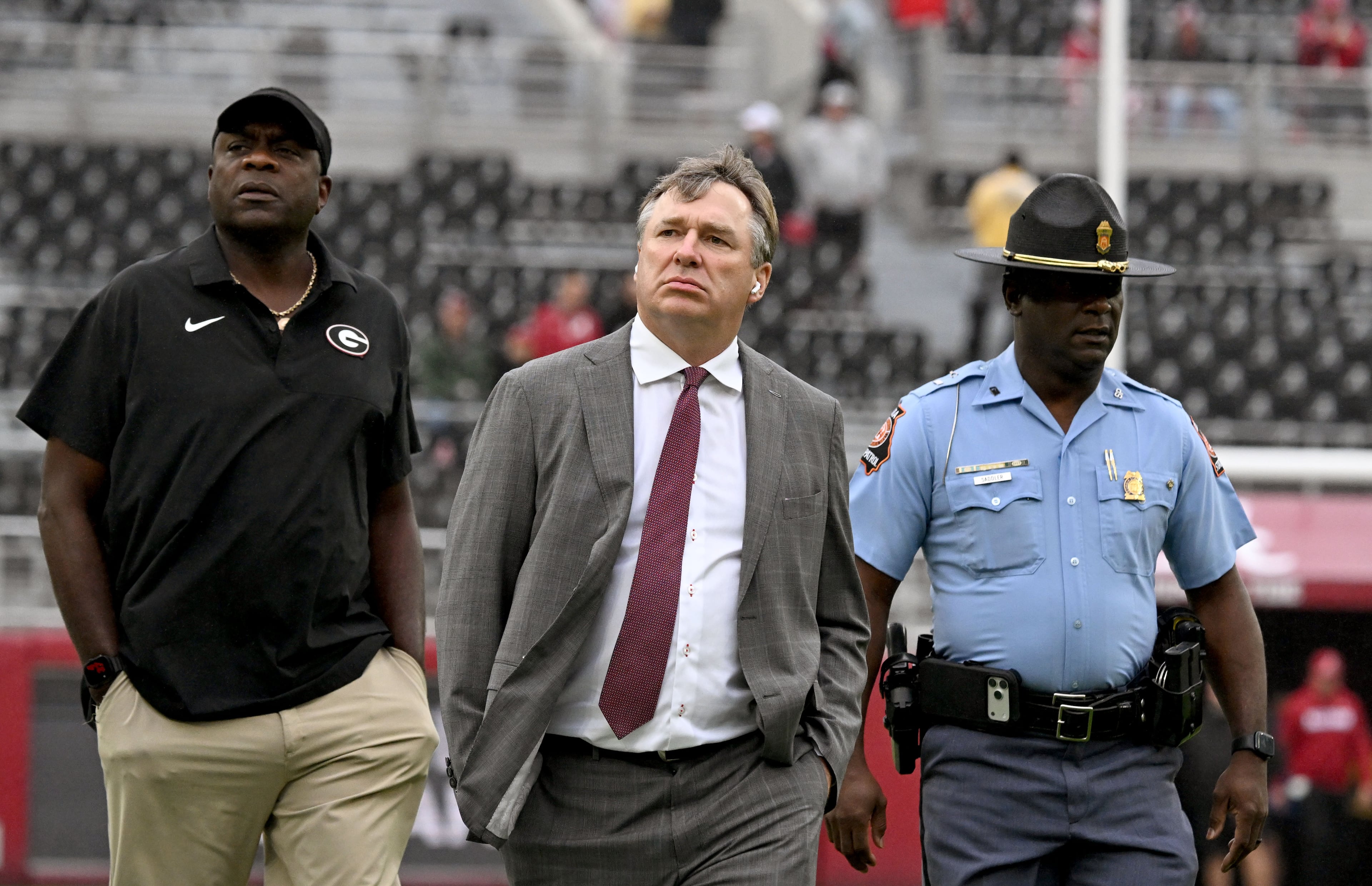 Georgia head coach Kirby Smart walks on the field after players and coaching staff arrive before an NCAA football game against Alabama at Bryant-Denny Stadium on Saturday, Oct. 10, 2026, in Tuscaloosa, Alabama. (Hyosub Shin/AJC)